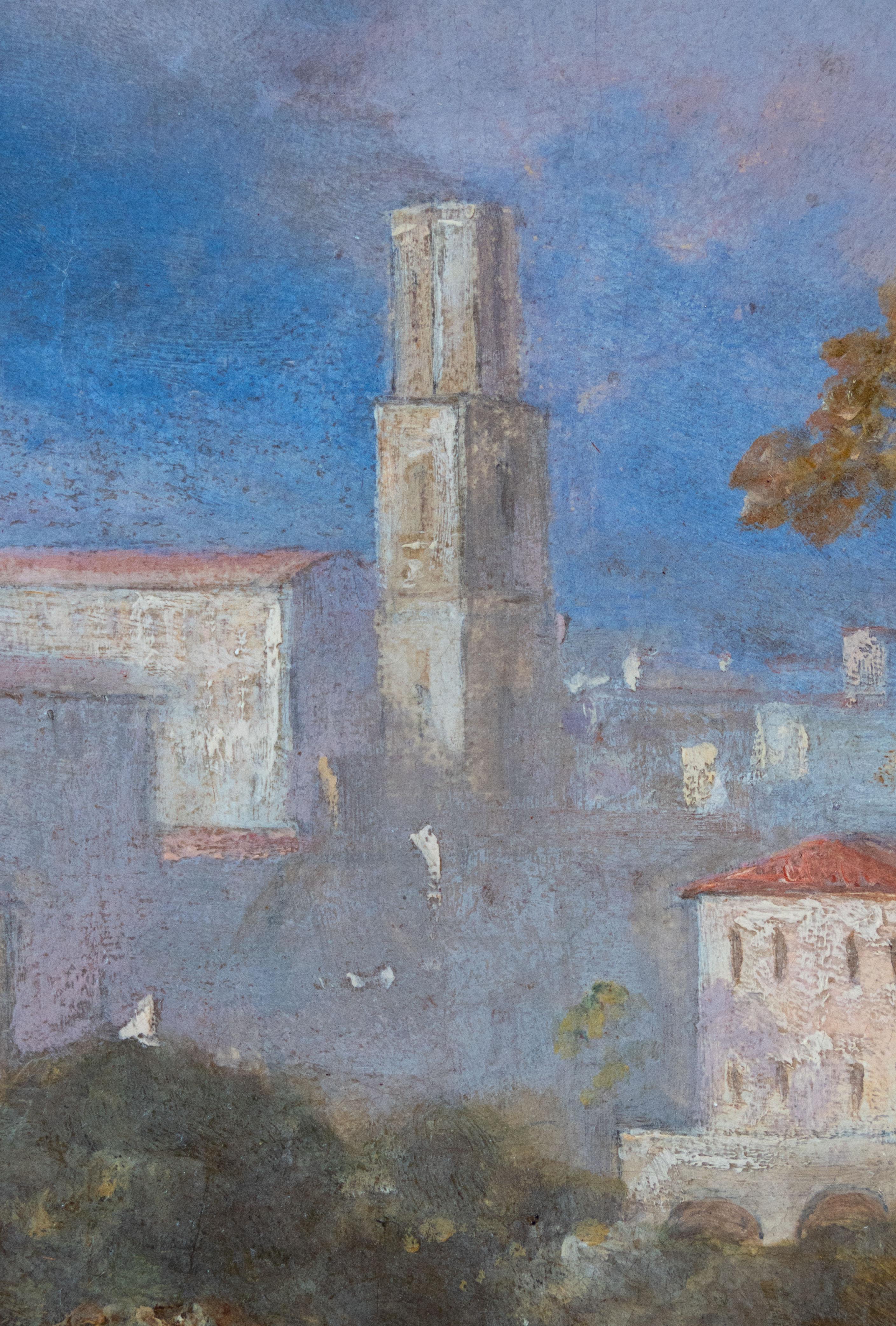 Questo incantevole paesaggio raffigura una donna seduta su un asino, accompagnata da un uomo che cammina al suo fianco, lungo un sentiero rustico. Poco più in là, un ponte di pietra conduce l'occhio dell'osservatore verso una città incastonata tra