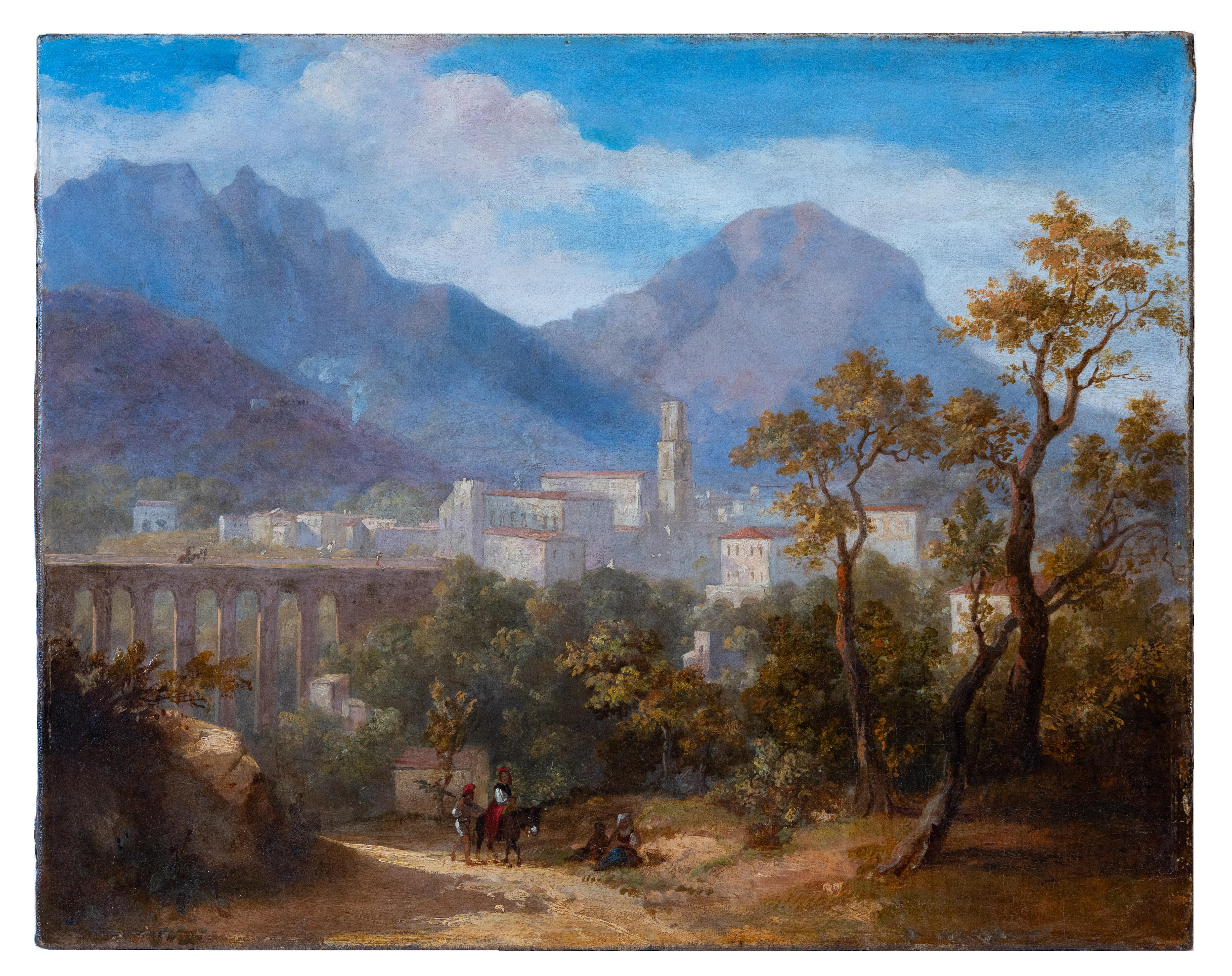 Landscape Painting di 19th Century English School - Figure presso un ponte con Townes e montagne a Cava Tirreni