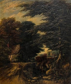 Fine 1830's English Oil Painting on panel Countryside Rural Lane with Gilt Frame