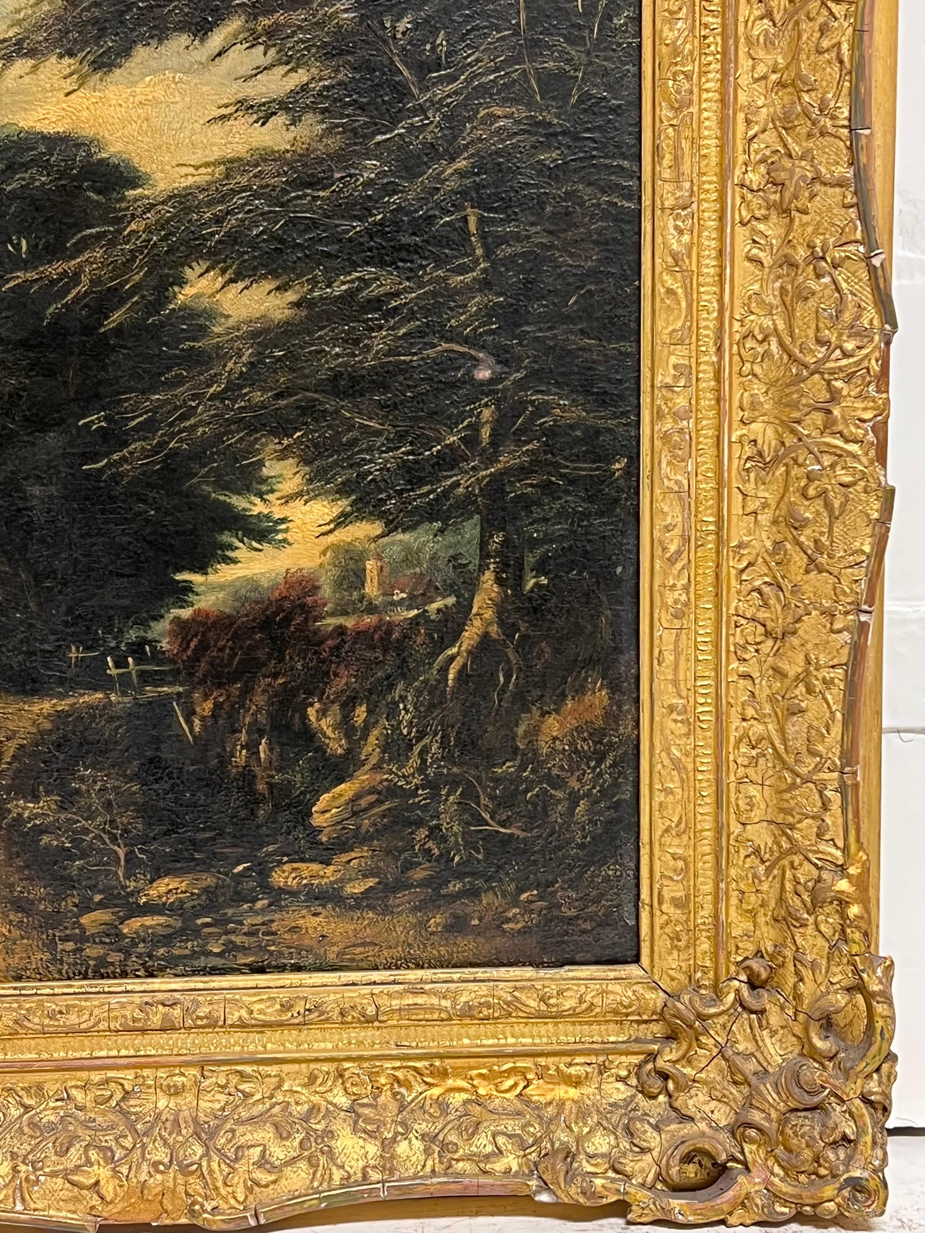 Belle peinture à l'huile anglaise des années 1830 sur panneau Countryside Rural Lane avec cadre doré - Victorien Painting par 19th Century English School