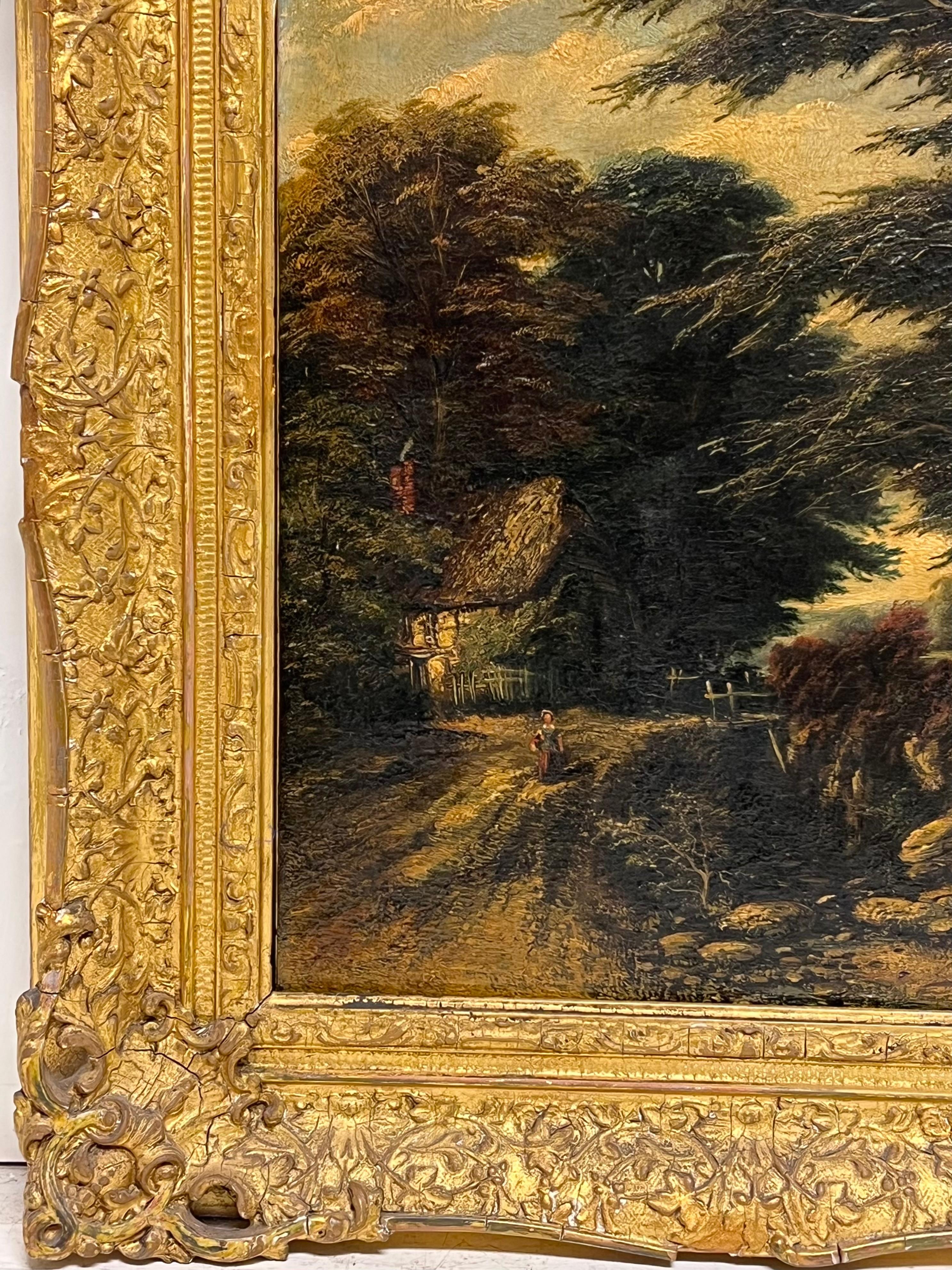 Belle peinture à l'huile anglaise des années 1830 sur panneau Countryside Rural Lane avec cadre doré - Marron Figurative Painting par 19th Century English School