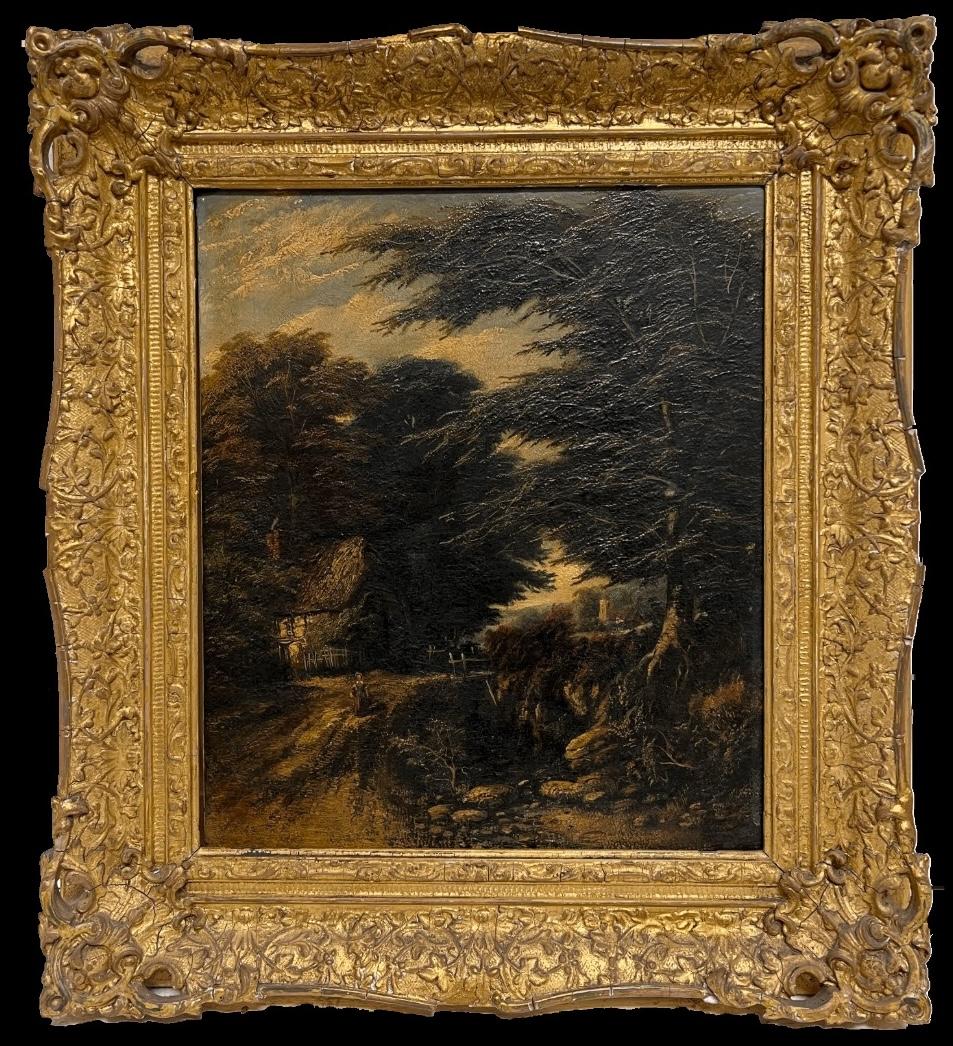 Figurative Painting 19th Century English School - Belle peinture à l'huile anglaise des années 1830 sur panneau Countryside Rural Lane avec cadre doré