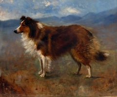 Fine Antique British Oil Painting Collie Dog in Scottish Highland Landscape