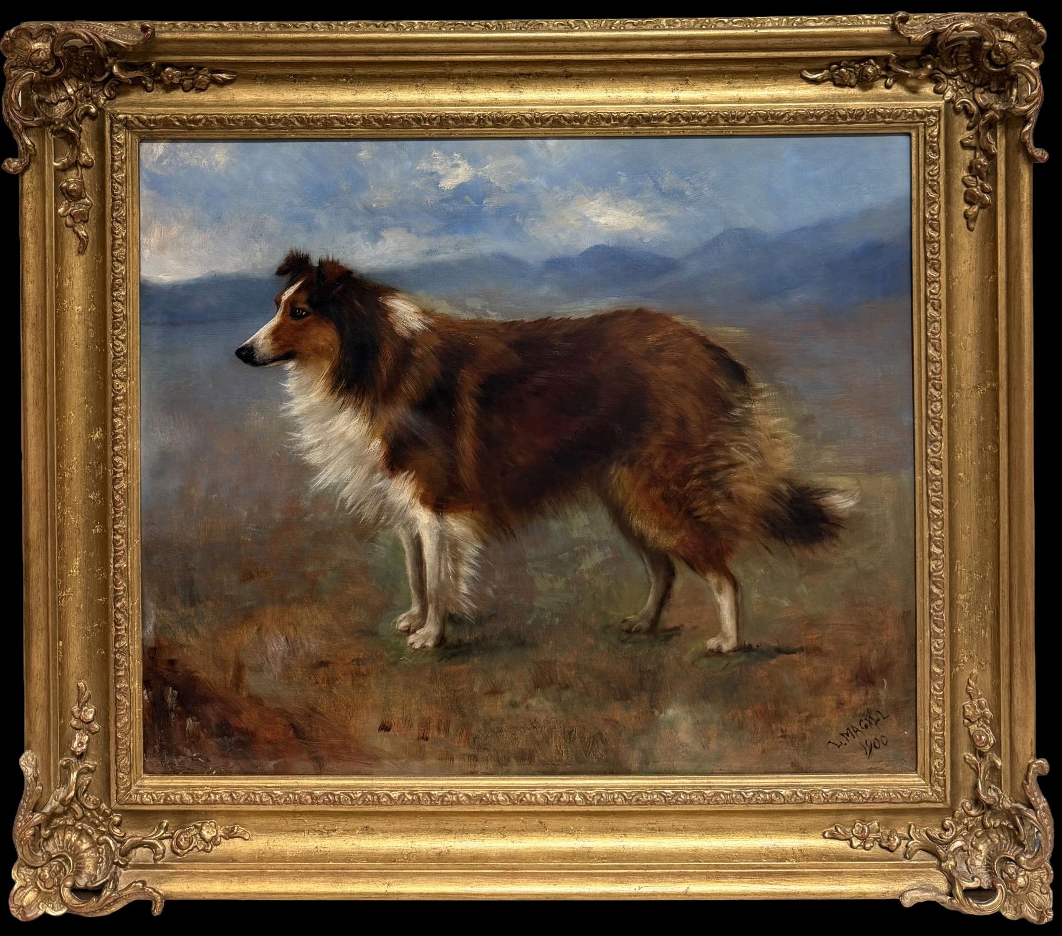 Fine Antique British Oil Painting Collie Dog in Scottish Highland Landscape