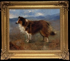 Fine Antique British Oil Painting Collie Dog in Scottish Highland Landscape