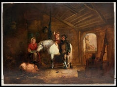 Fine Antique Victorian Stable Interior Family with Pony Pig & Child Oil Painting