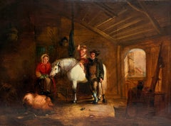Fine Antique Victorian Stable Interior Family with Pony Pig & Child Oil Painting