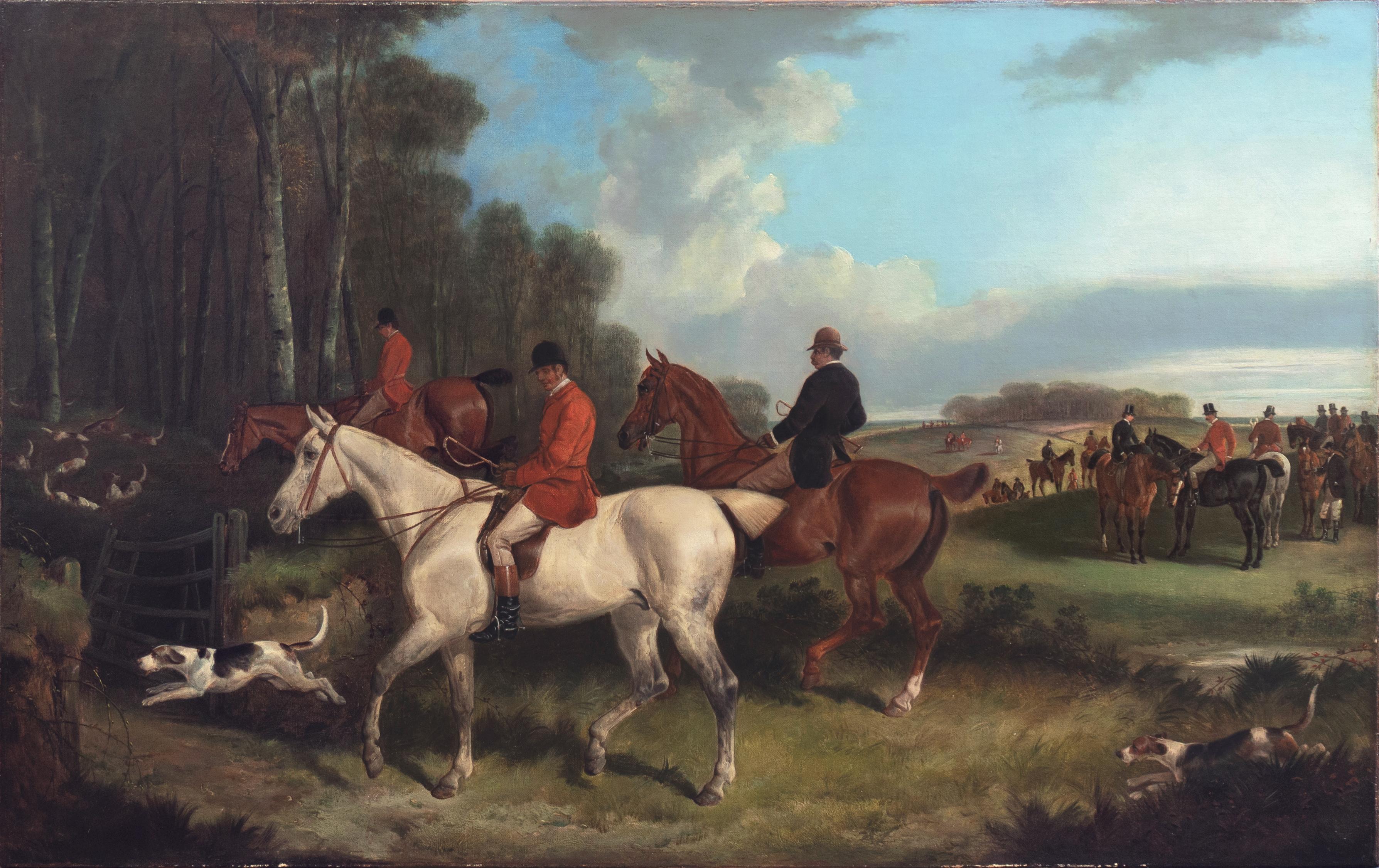 'Gone to Ground', Olio di caccia equestre di grandi dimensioni, Cavalli, Beagles, Inglese, Studio - Painting di 19th Century English School