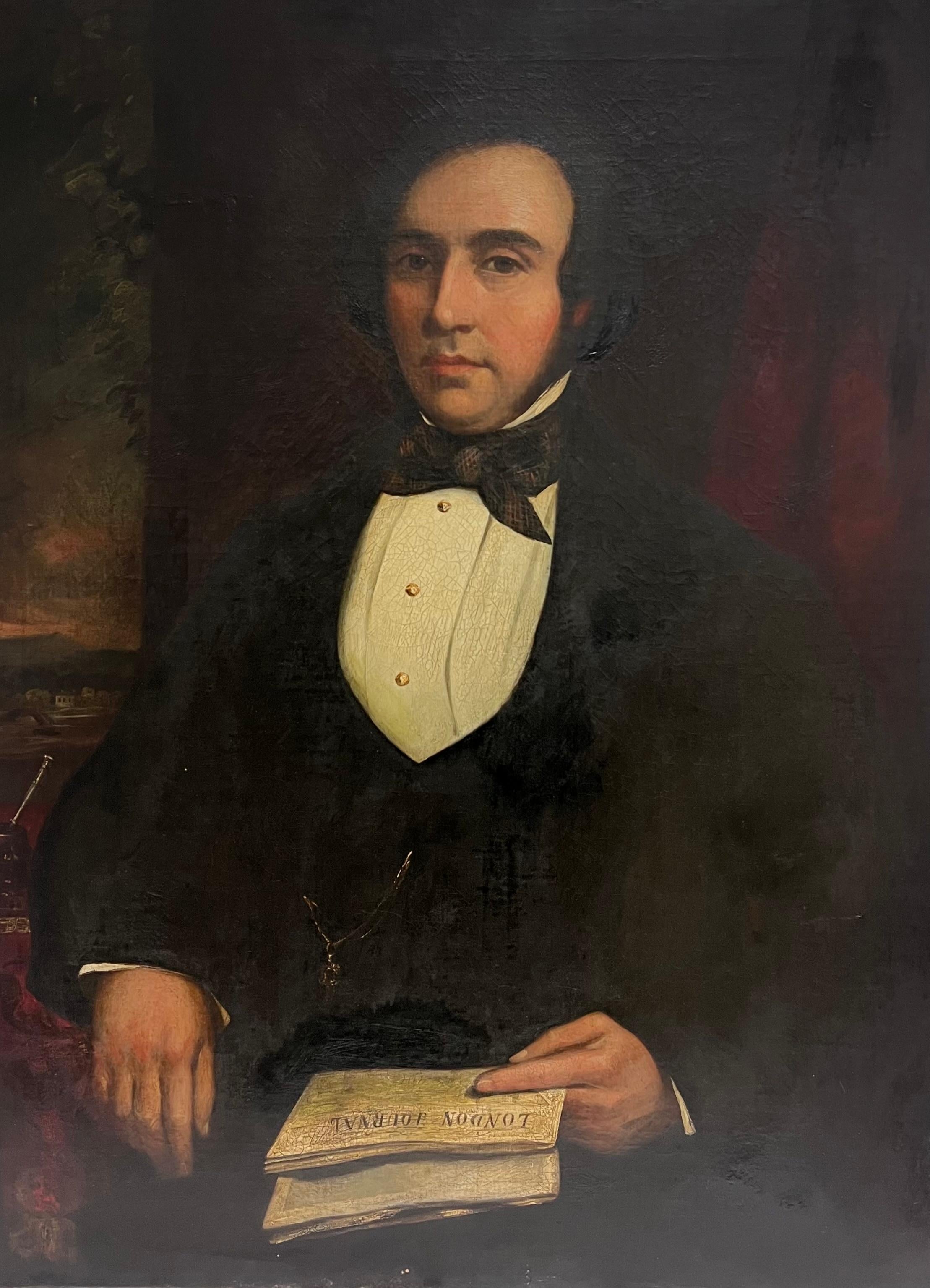 Großes Ölgemälde aus der Mitte des viktorianischen Zeitalters, Porträt eines sitzenden Gentleman mit Zeitung – Painting von 19th Century English School