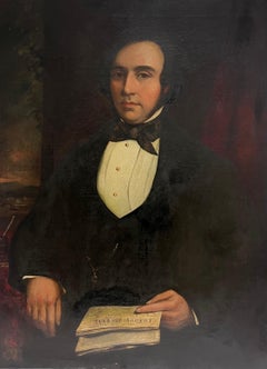 Grande dipinto ad olio della metà dell'epoca vittoriana Ritratto di gentiluomo seduto con giornale