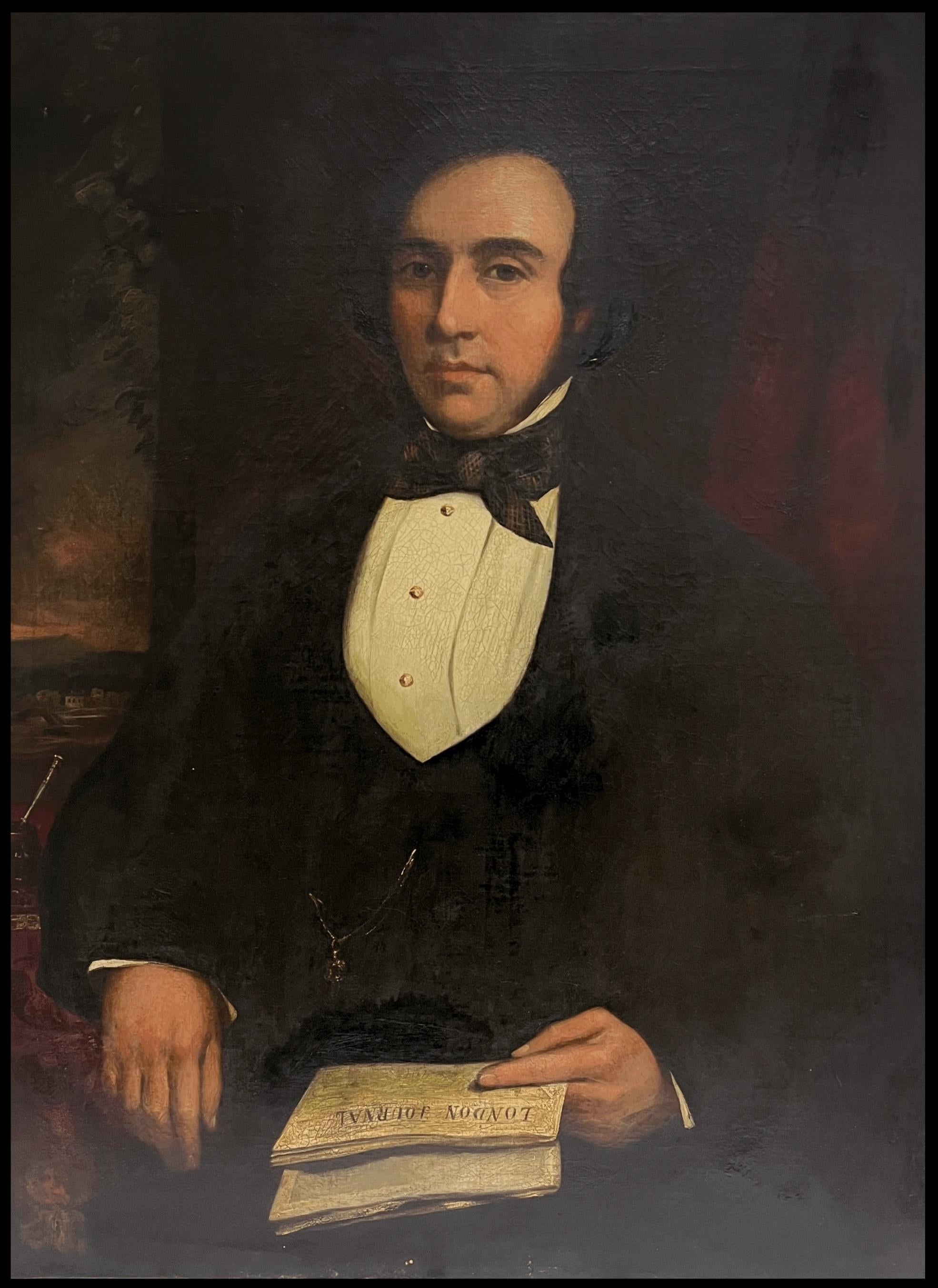 Großes Ölgemälde aus der Mitte des viktorianischen Zeitalters, Porträt eines sitzenden Gentleman mit Zeitung (Viktorianisch), Painting, von 19th Century English School