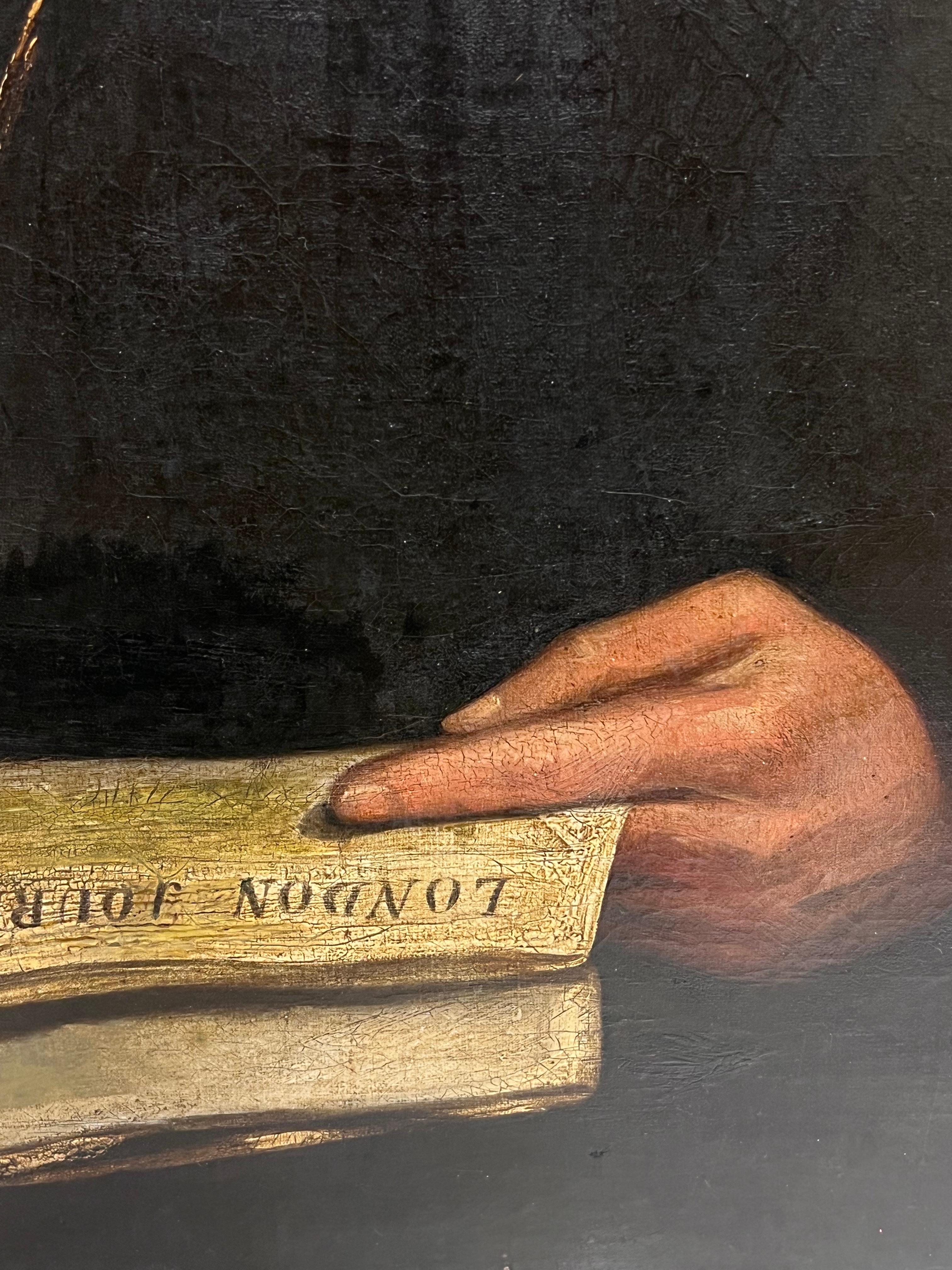 Großes Ölgemälde aus der Mitte des viktorianischen Zeitalters, Porträt eines sitzenden Gentleman mit Zeitung (Schwarz), Portrait Painting, von 19th Century English School