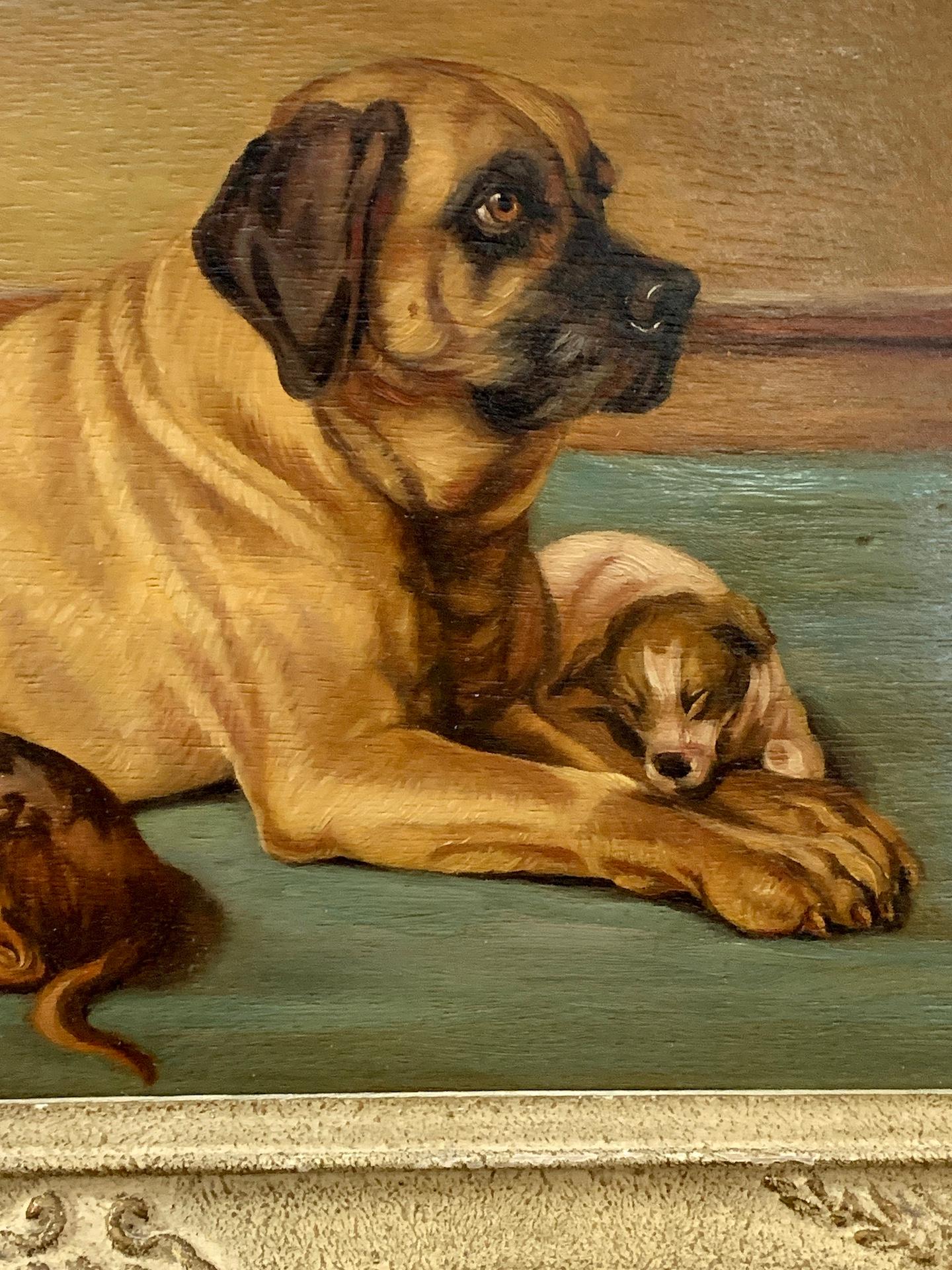 Late 19th century English portrait of a dog with her puppies in an interior - Painting by 19th Century English School