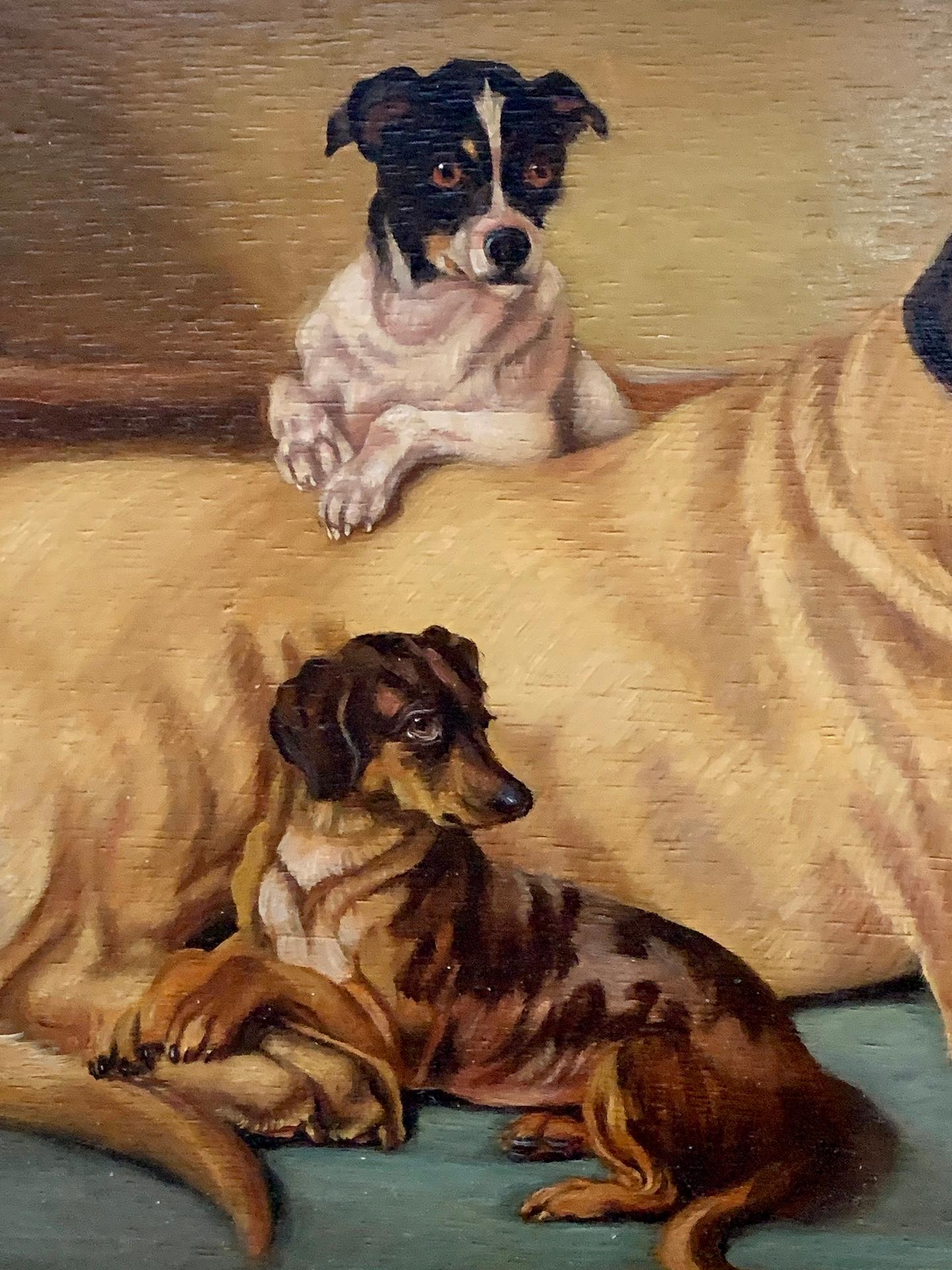 Late 19th century English portrait of a dog with her puppies in an interior - Victorian Painting by 19th Century English School