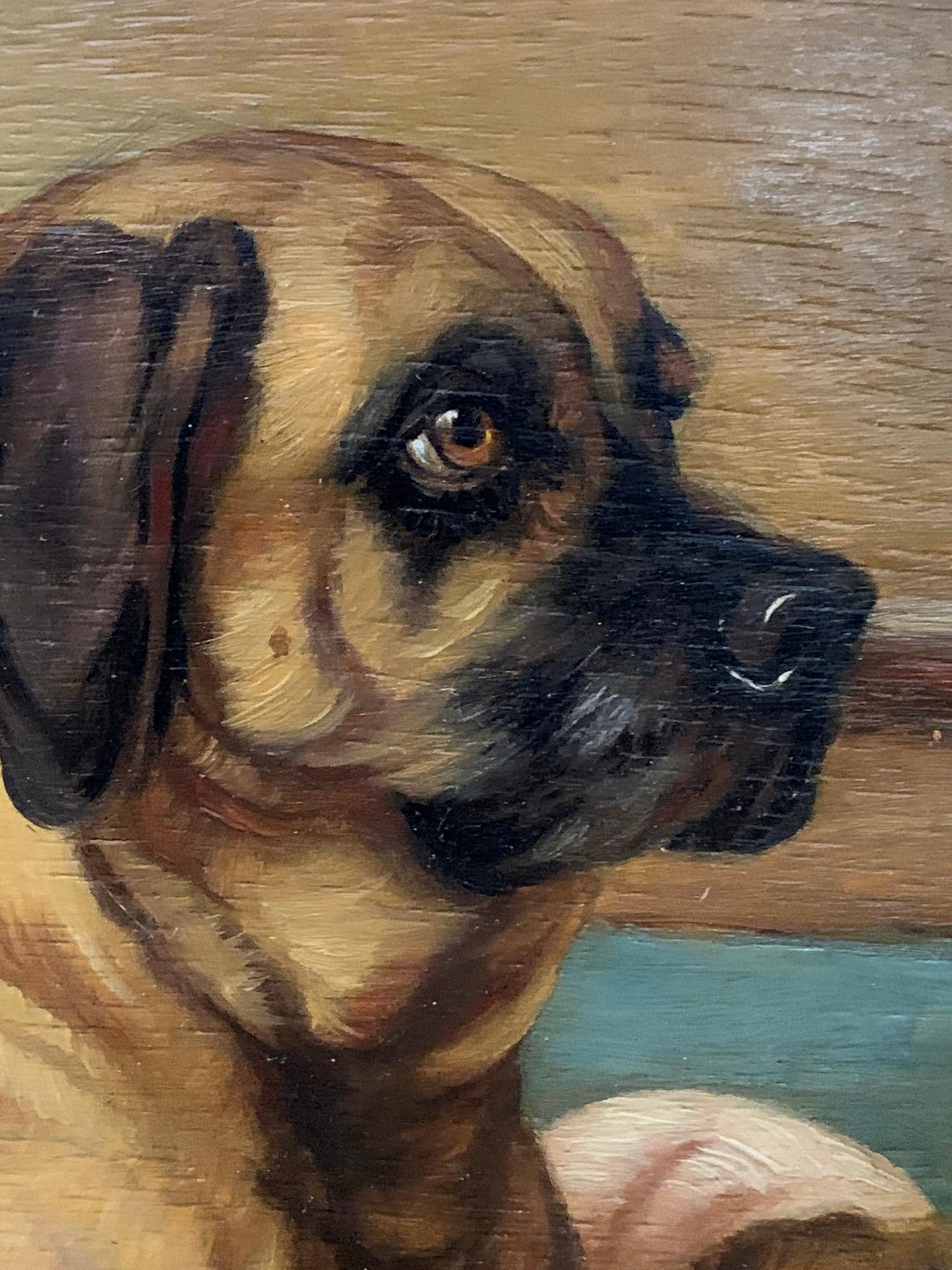 Late 19th-century English portrait of a dog with her puppies in an interior

A wonderfully painted late 19th-century English dog and puppy portrait. Beautifully painted and in excellent original condition. The piece is a classic Victorian animal