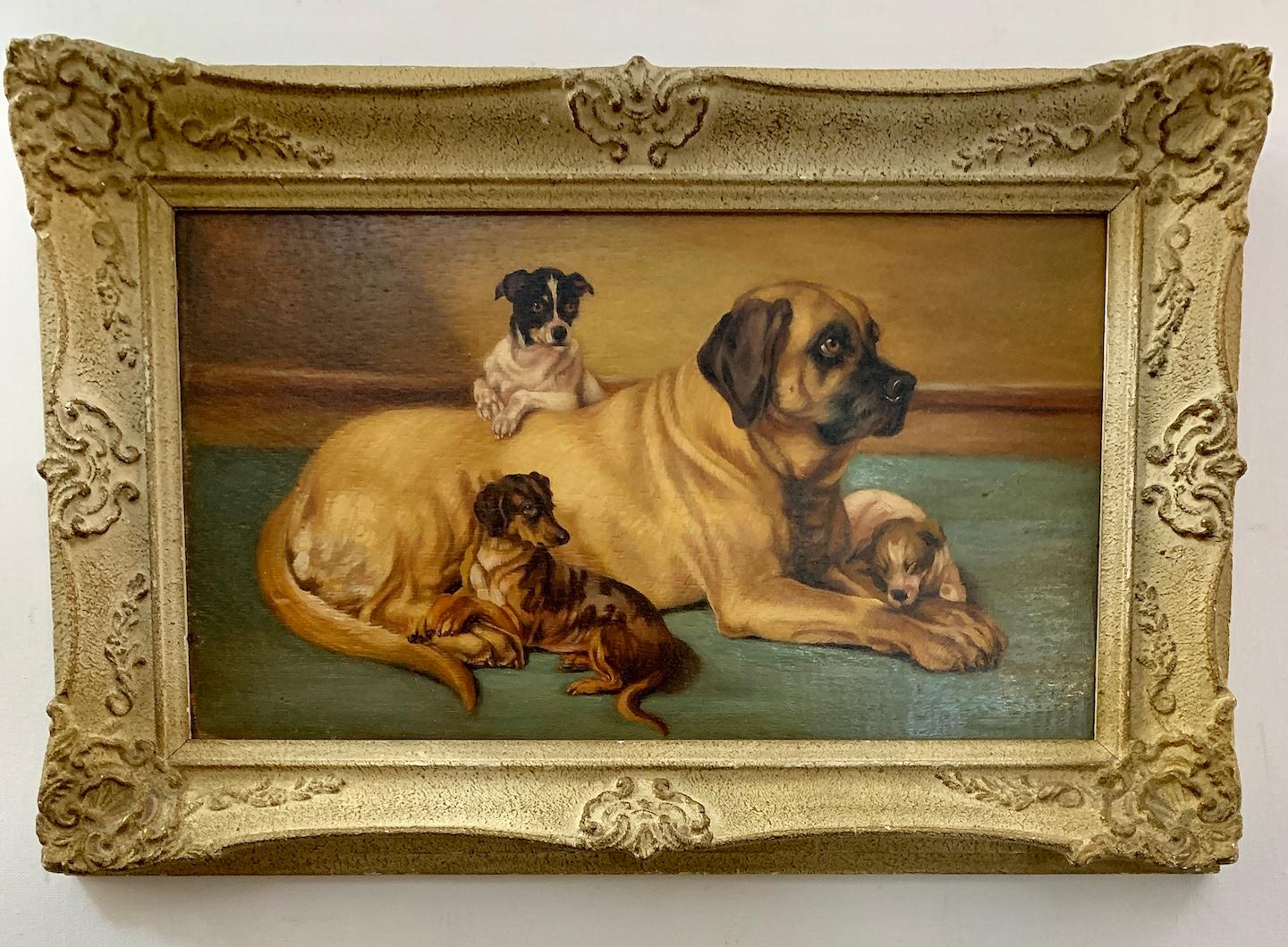 19th Century English School Animal Painting - Late 19th century English portrait of a dog with her puppies in an interior