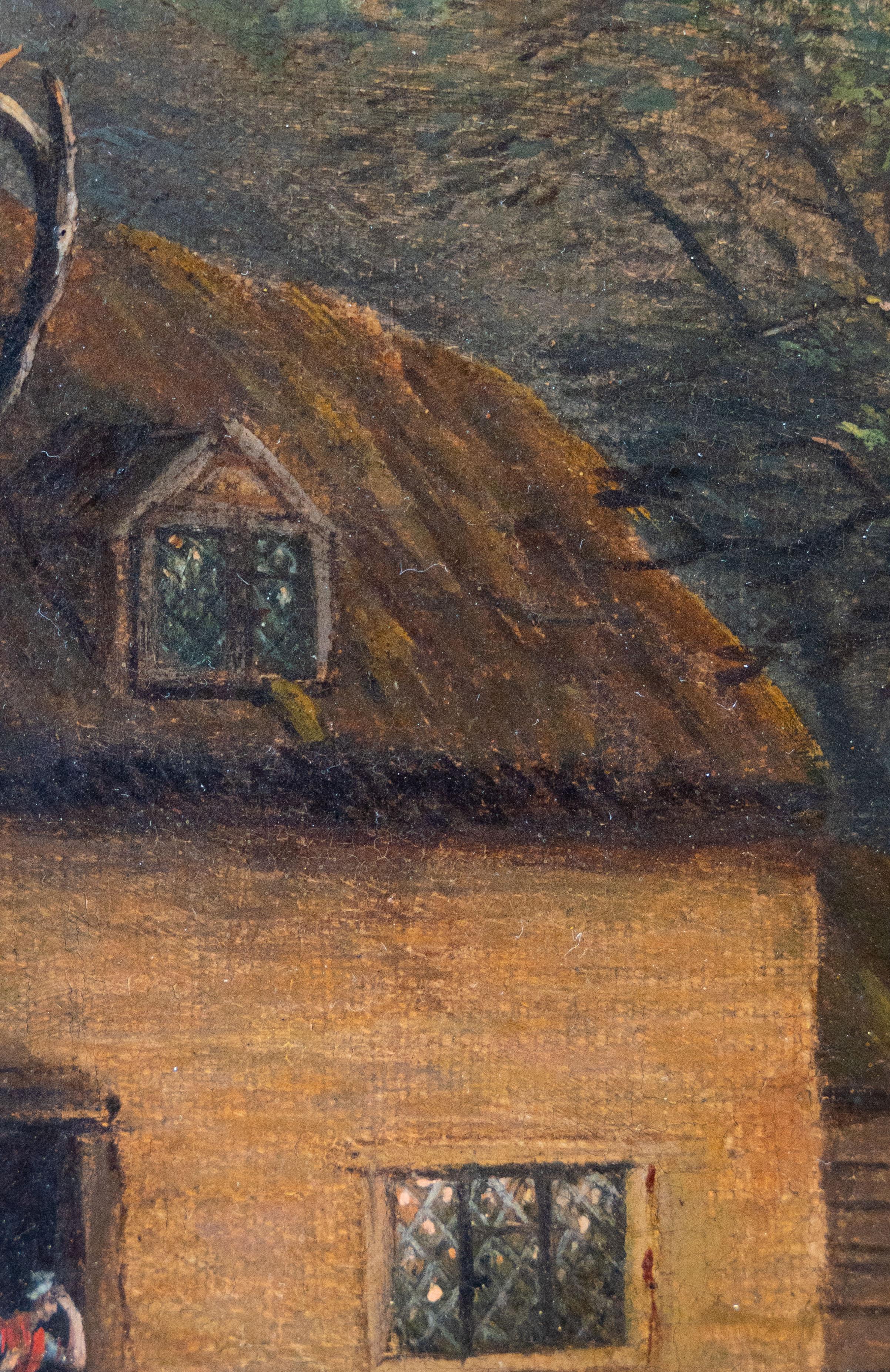 Dipinta in un affascinante stile naïf, quest'opera cattura una scena domestica rustica ambientata nella campagna inglese. Al centro della composizione c'è un cottage, la cui porta è animata da una donna con un bambino raccolto accanto a lei, che