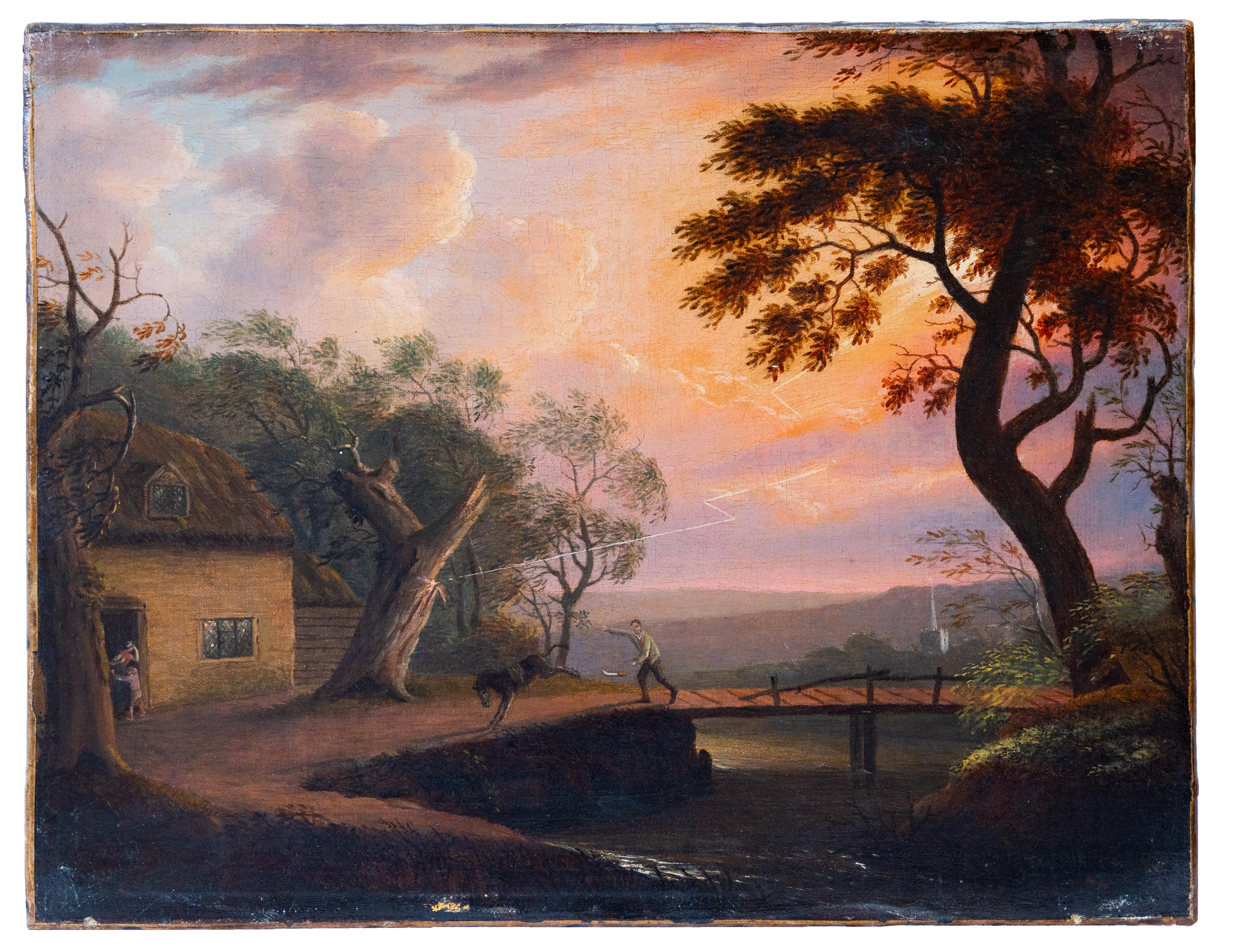 Landscape Painting di 19th Century English School - Uomo che insegue un asino, English School XIX secolo