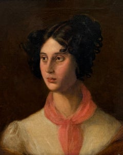 Mid 19th Century English Portrait Young Lady in Pink Scarf Broody Oil Painting