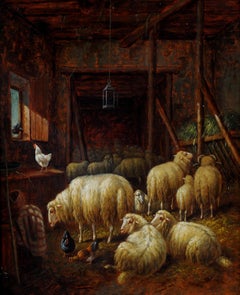 Sheep in a Barn - 19th Century Antique English Chickens Animal Oil Painting