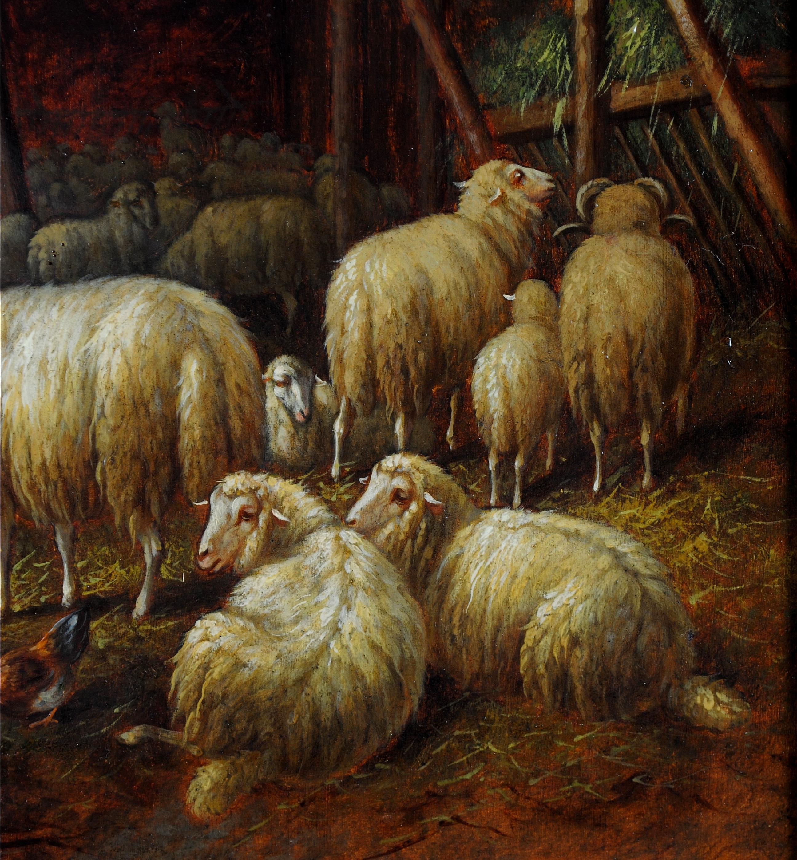 Ovejas en un establo - Siglo XIX Pintura al óleo antigua inglesa de animales gallinas - Animal Painting Negro de 19th Century English School