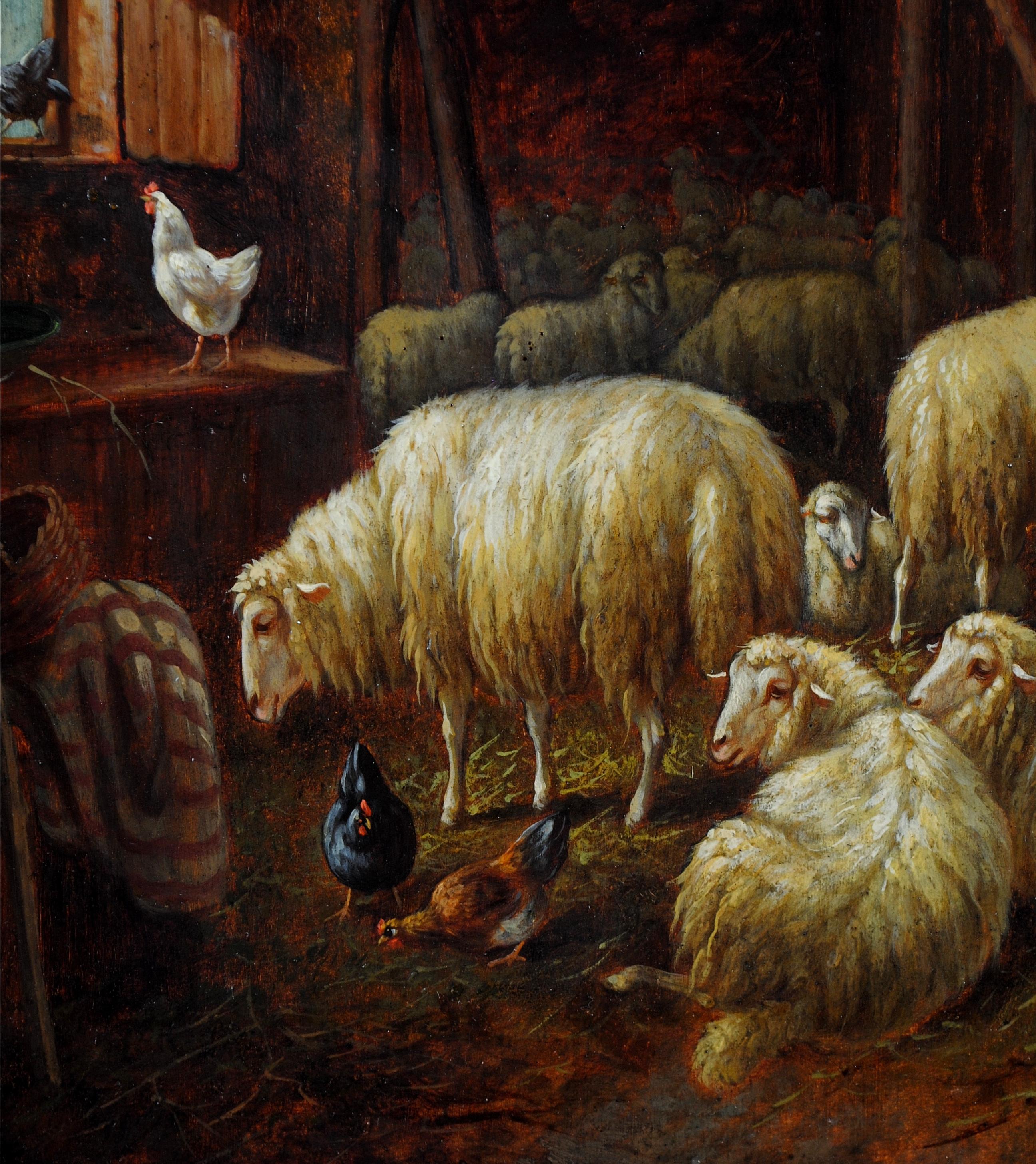 Precioso óleo inglés de finales del siglo XIX sobre tabla que representa ovejas y gallinas en un antiguo granero.

Obra de excelente calidad en magnífico estado original, presentada en un marco dorado barrido de buena calidad.

Uno de un par que