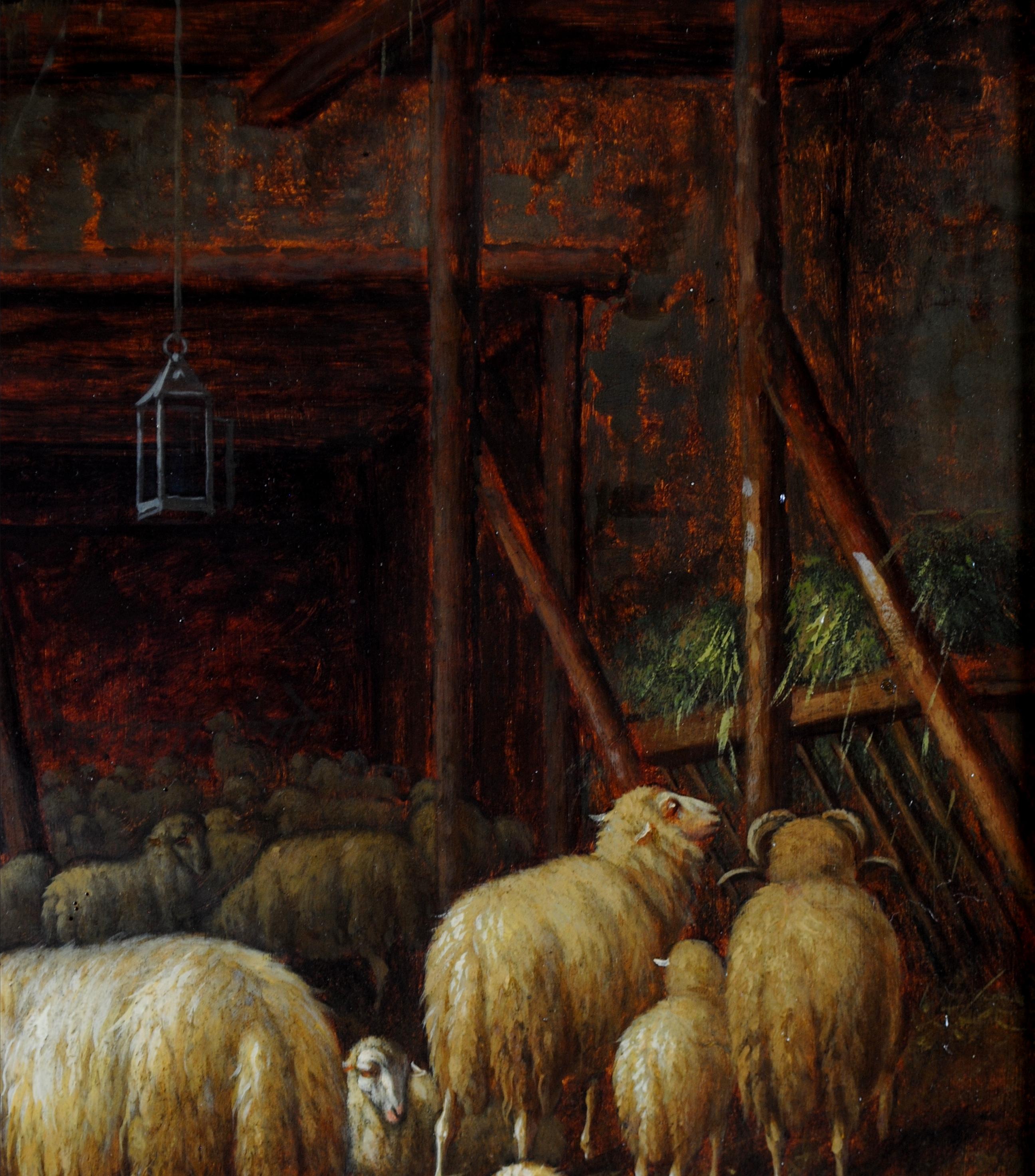Ovejas en un establo - Siglo XIX Pintura al óleo antigua inglesa de animales gallinas en venta 1