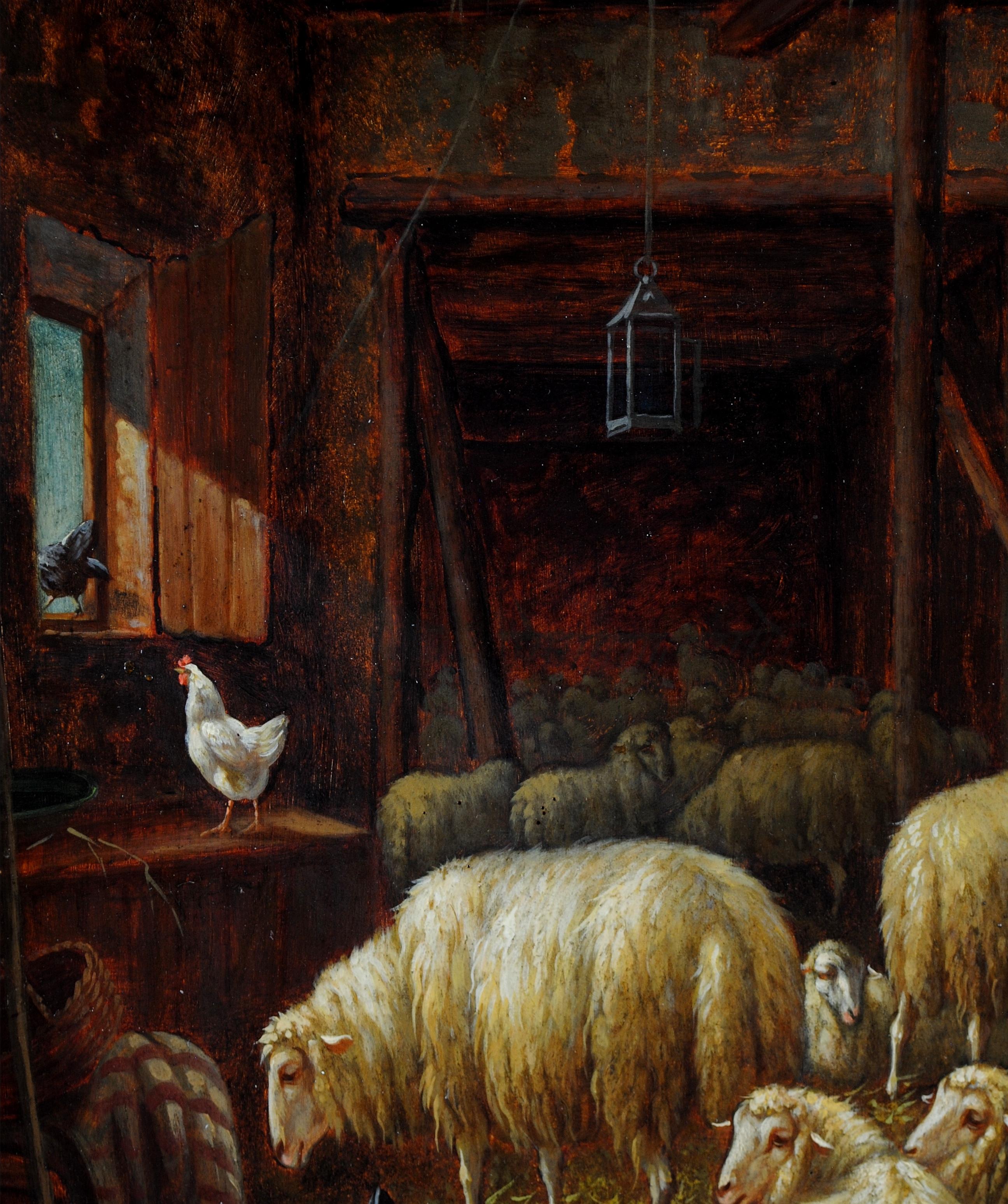 Ovejas en un establo - Siglo XIX Pintura al óleo antigua inglesa de animales gallinas en venta 2