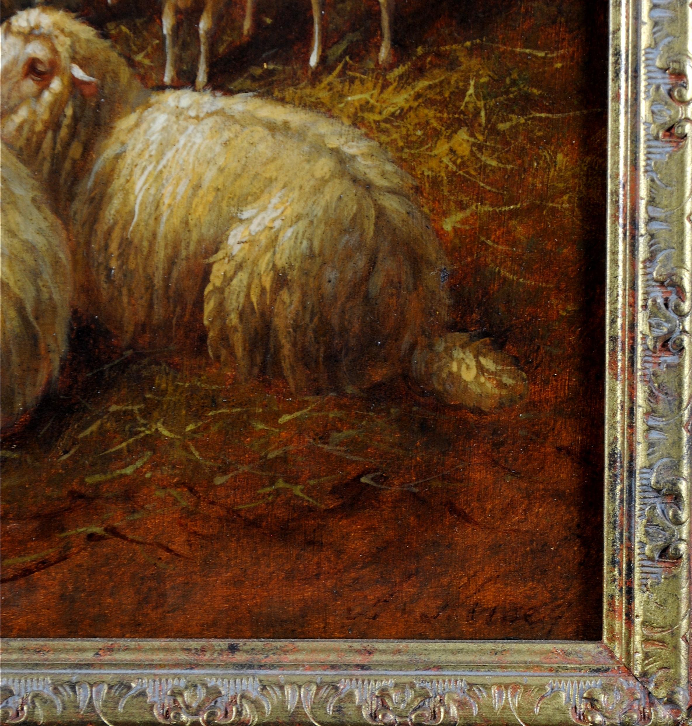 Ovejas en un establo - Siglo XIX Pintura al óleo antigua inglesa de animales gallinas en venta 3