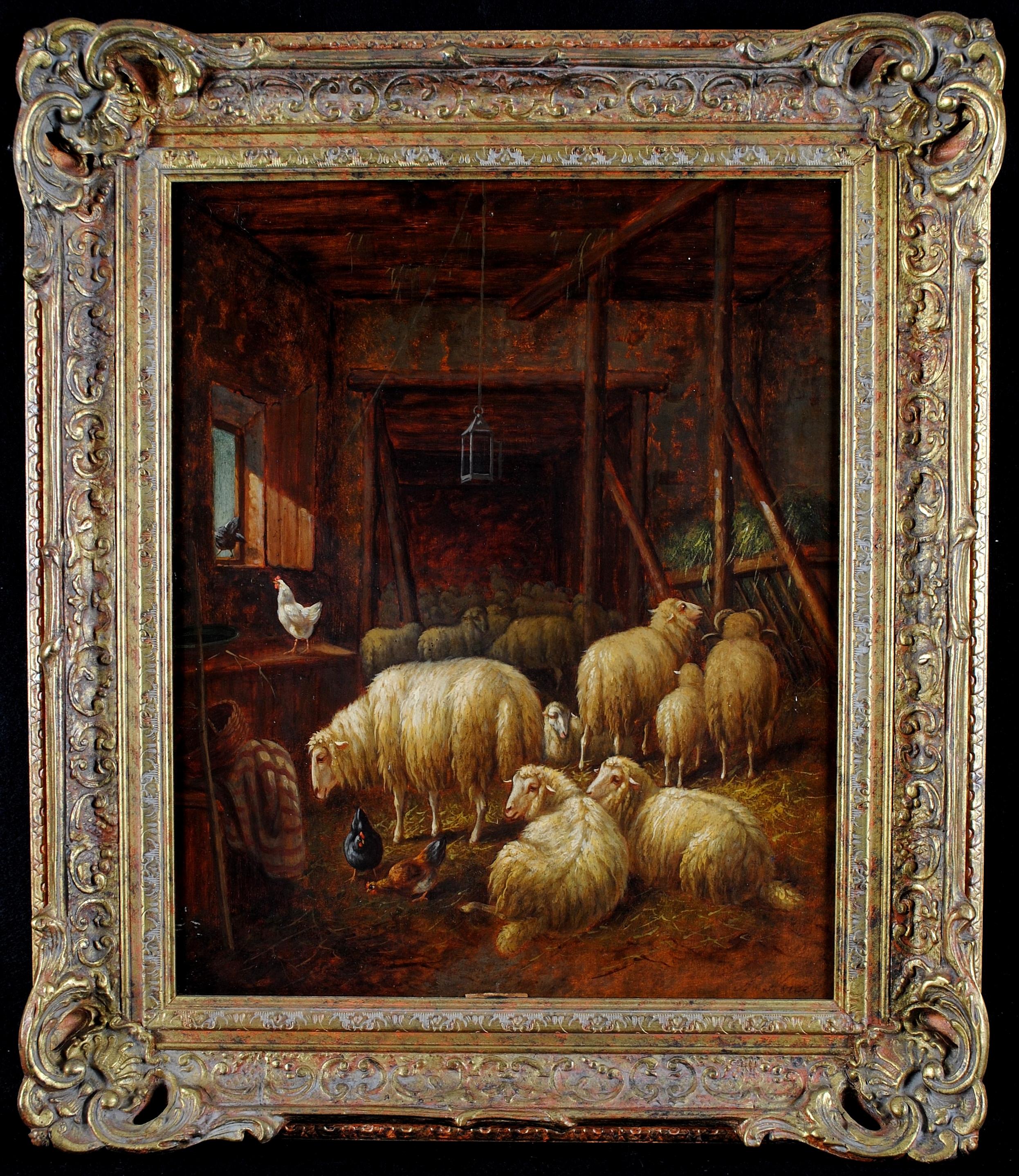 Animal Painting de 19th Century English School - Ovejas en un establo - Siglo XIX Pintura al óleo antigua inglesa de animales gallinas