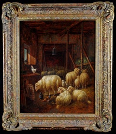Moutons dans une grange - peinture à l'huile du 19e siècle sur les poules et les animaux