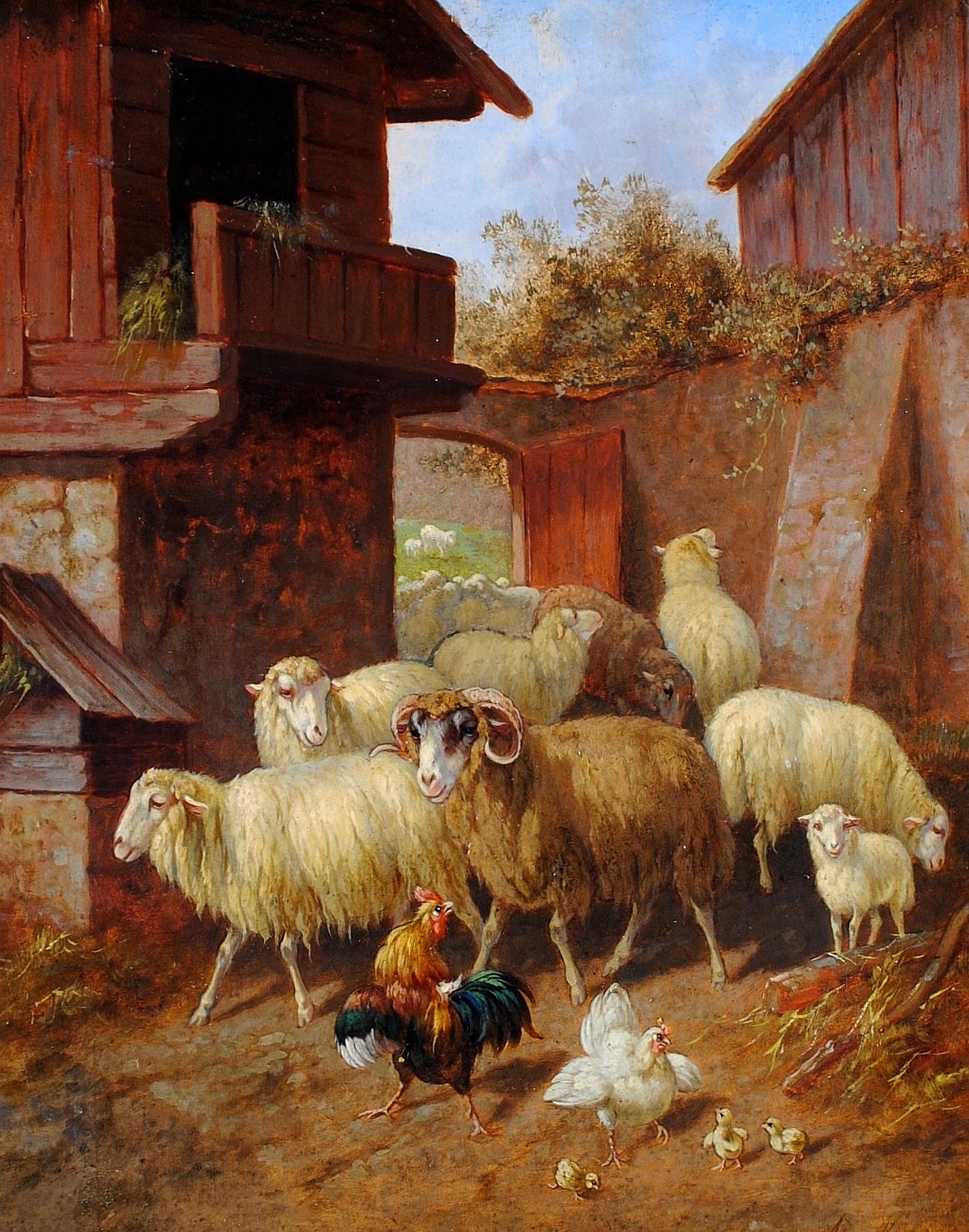 Pecore nell'aia - Pittura ad olio antica inglese del XIX secolo con galline e animali - Painting di 19th Century English School