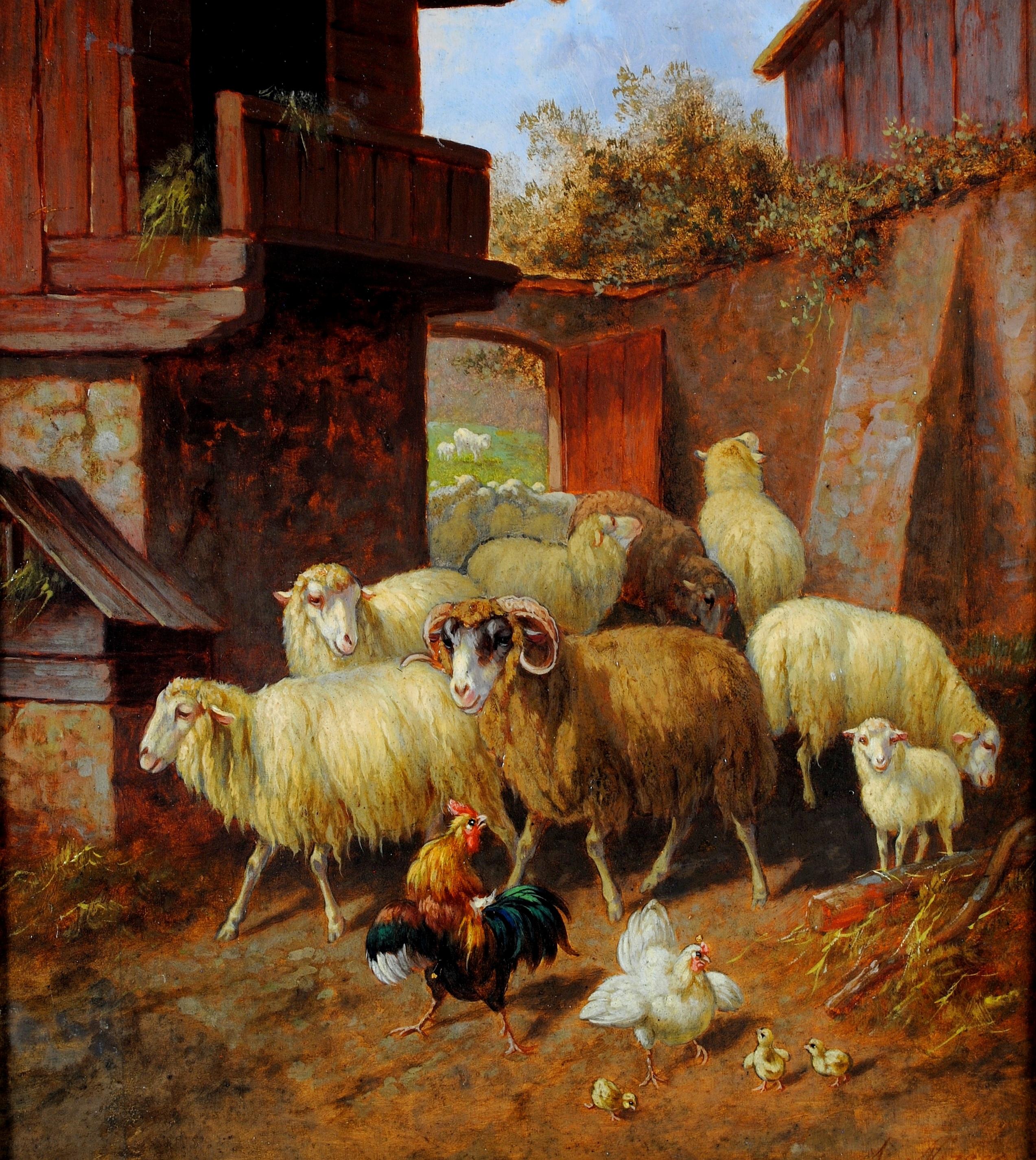 Pecore nell'aia - Pittura ad olio antica inglese del XIX secolo con galline e animali - Animal Painting Marrone di 19th Century English School