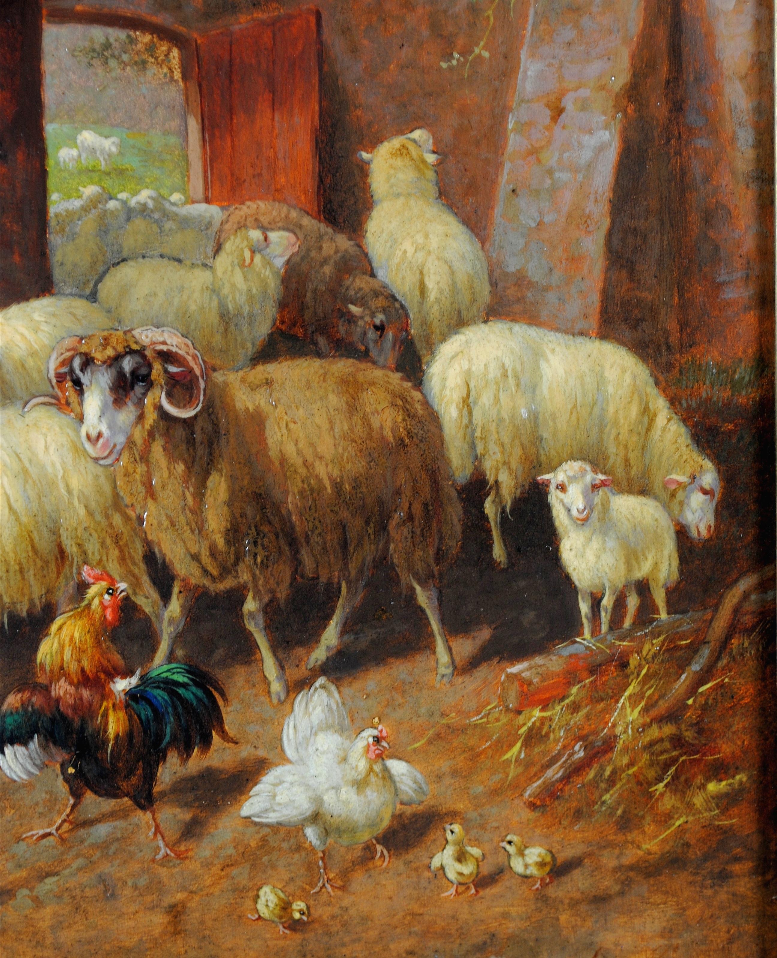 Pecore nell'aia - Pittura ad olio antica inglese del XIX secolo con galline e animali 1