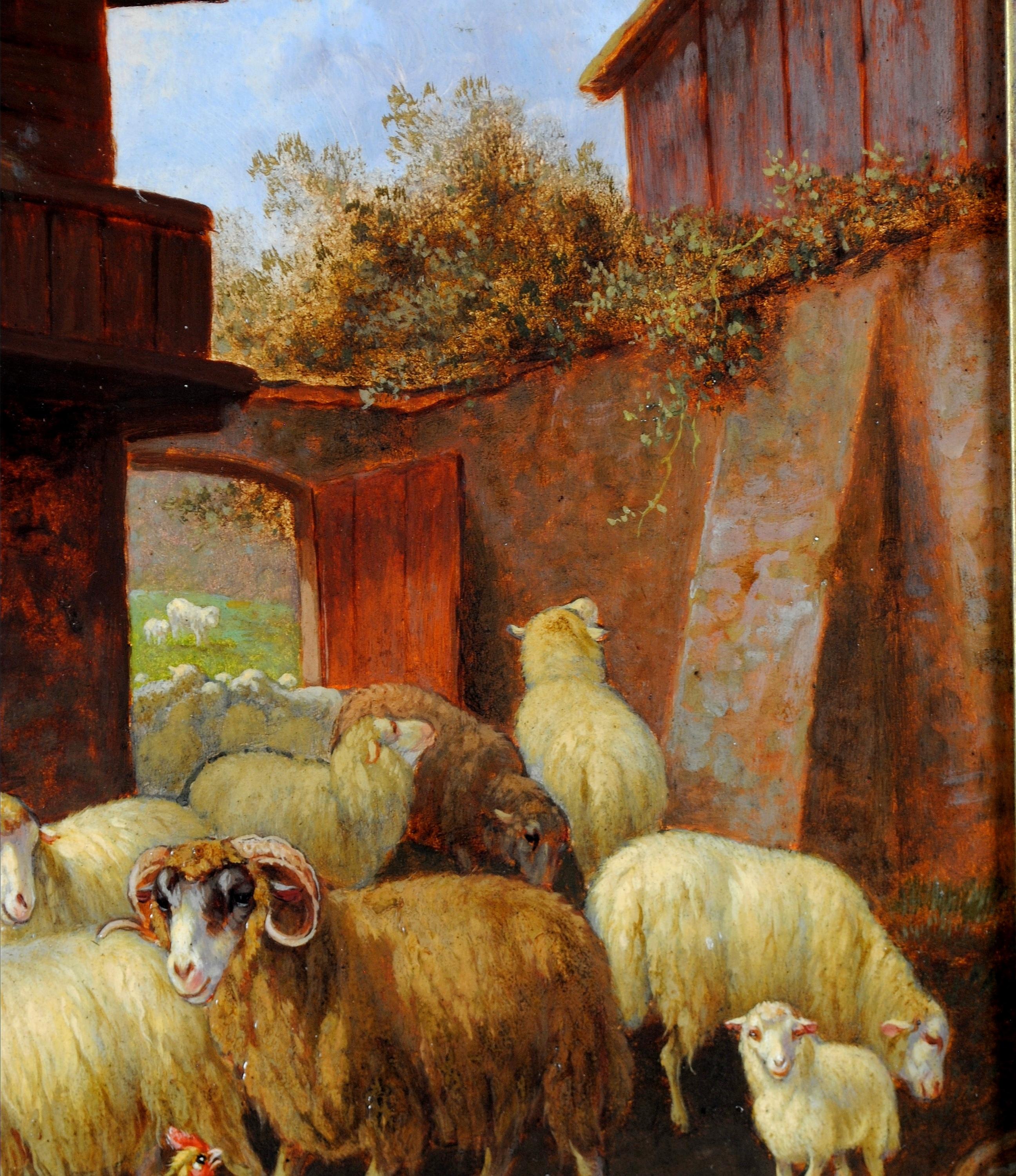 Pecore nell'aia - Pittura ad olio antica inglese del XIX secolo con galline e animali 2