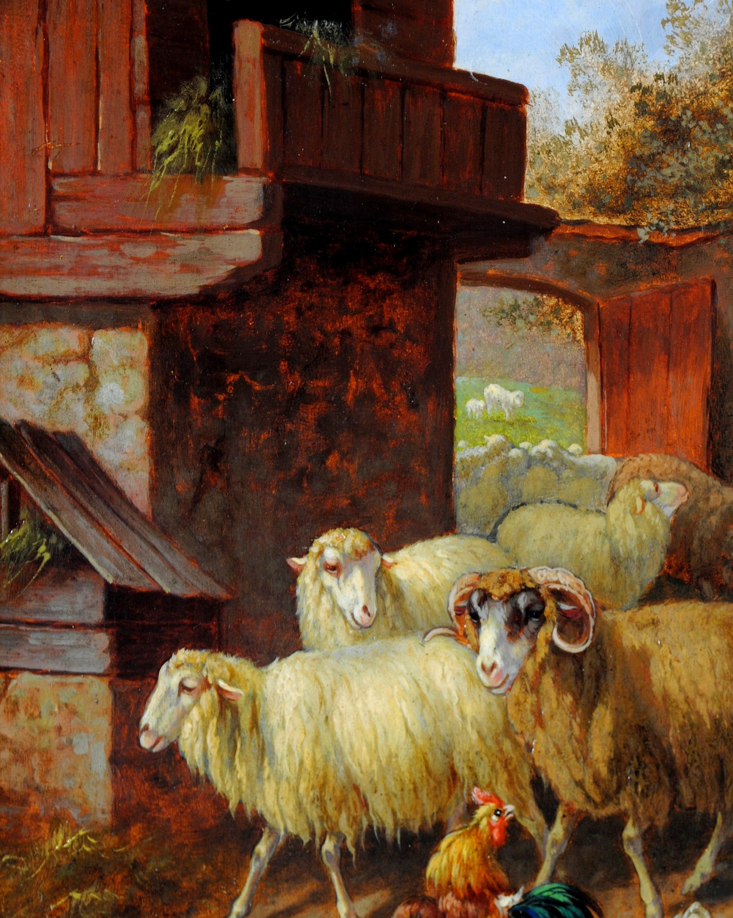 Pecore nell'aia - Pittura ad olio antica inglese del XIX secolo con galline e animali 3