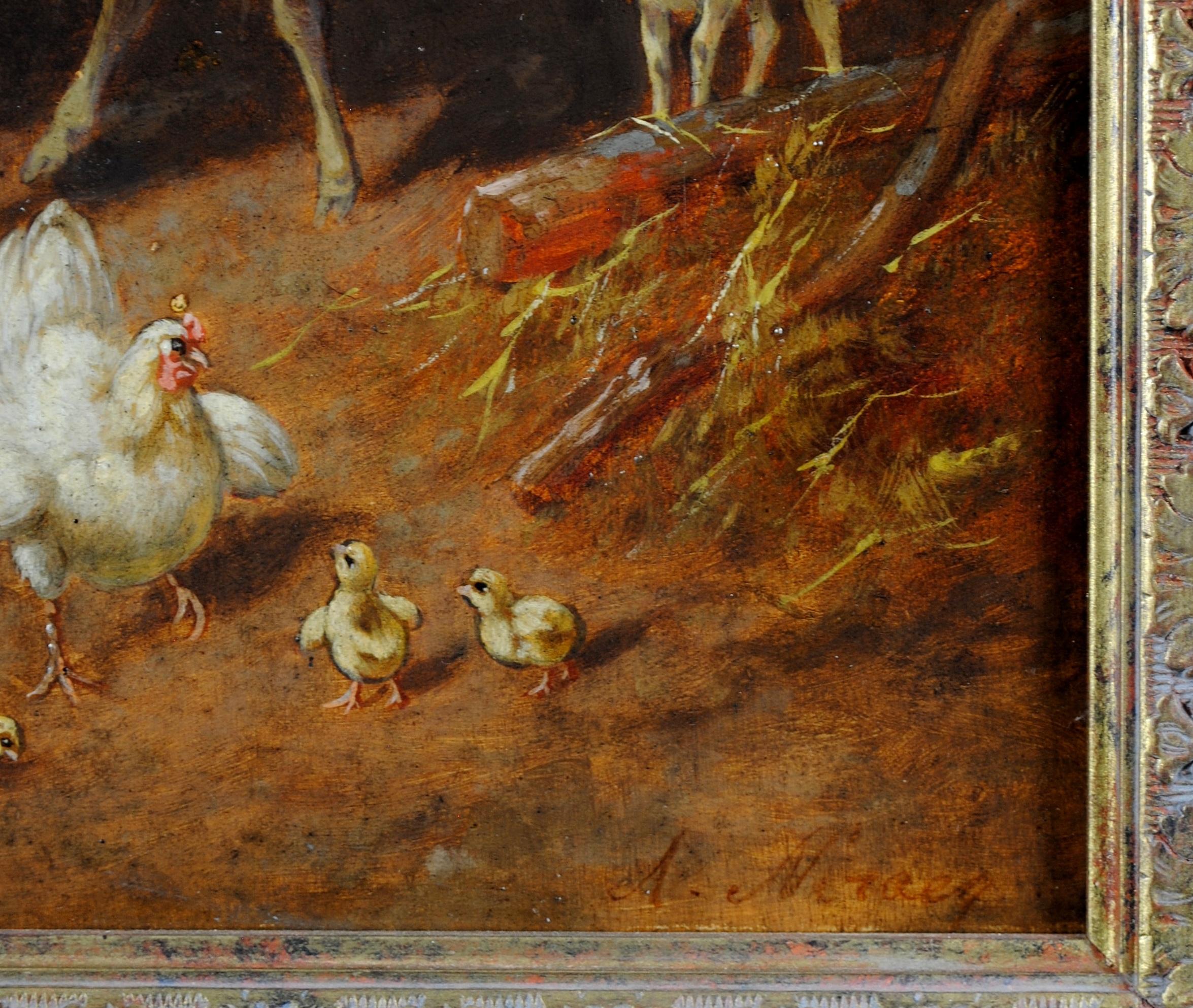 Pecore nell'aia - Pittura ad olio antica inglese del XIX secolo con galline e animali 4