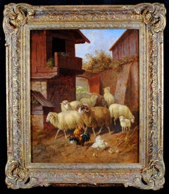 Pecore nell'aia - Pittura ad olio antica inglese del XIX secolo con galline e animali