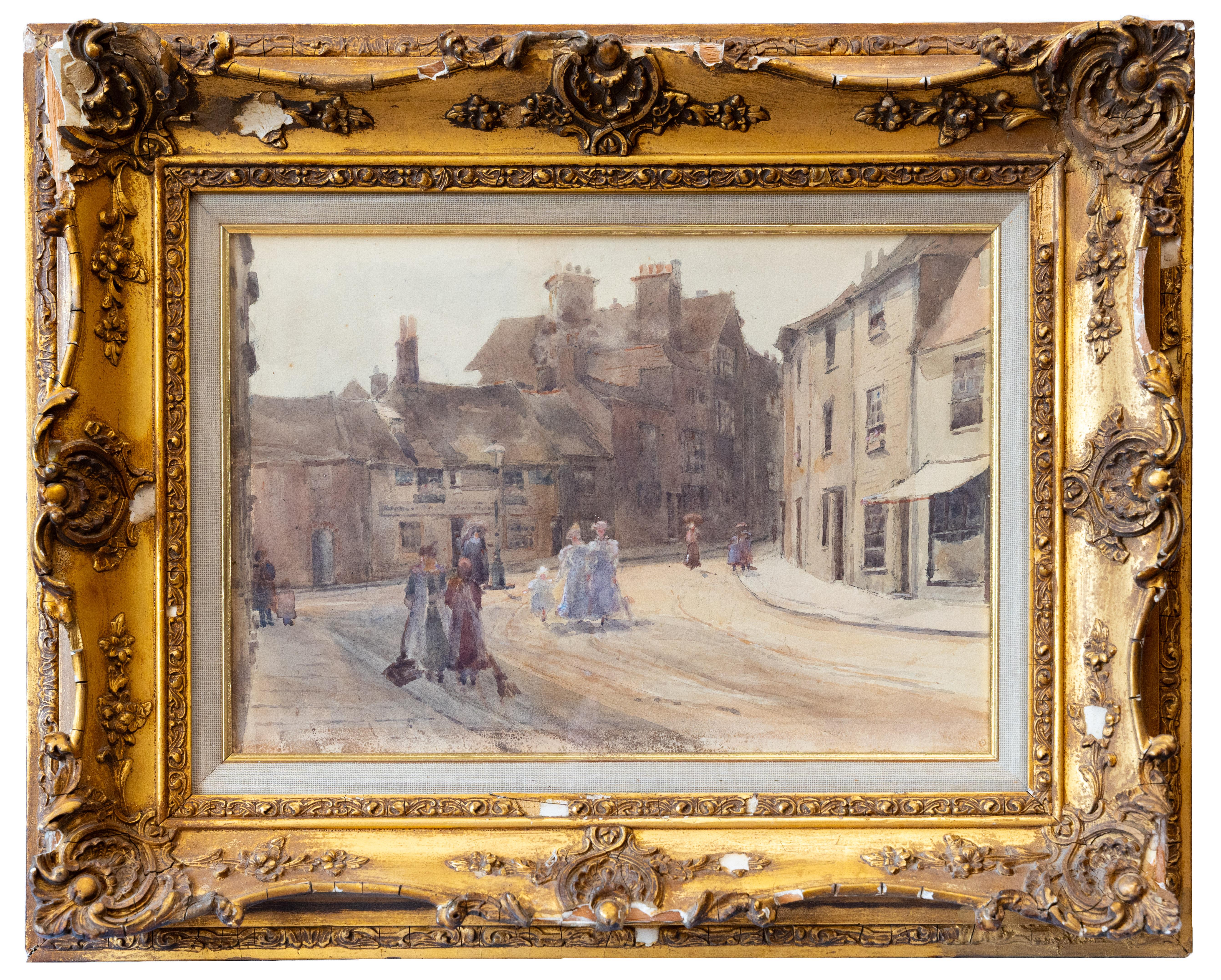Landscape Painting di 19th Century English School - Scena di strada con signore, fine del XIX secolo
