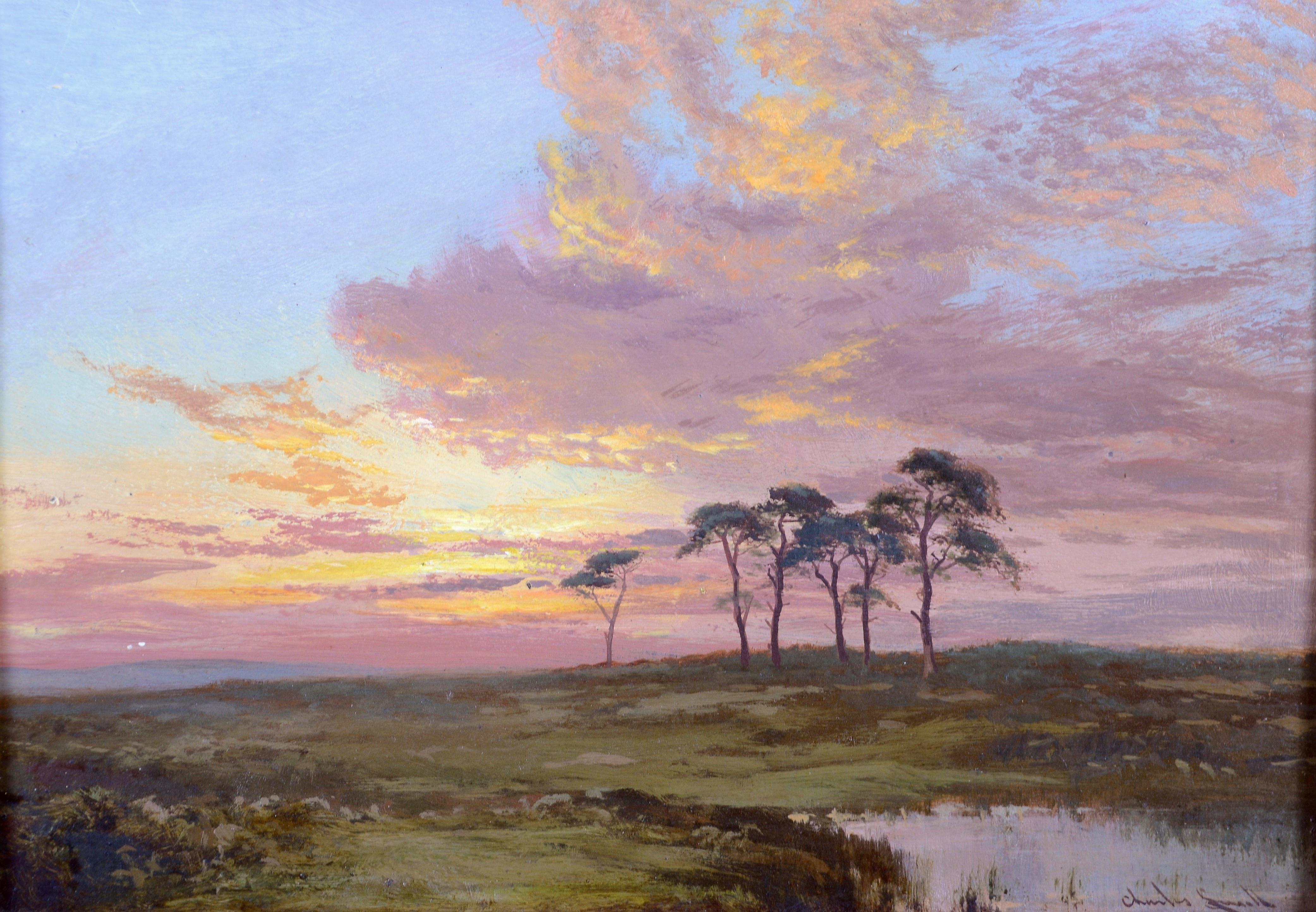 Paysage au coucher du soleil - Peinture à l'huile impressionniste anglaise ancienne du 19e siècle - Painting de 19th Century English School
