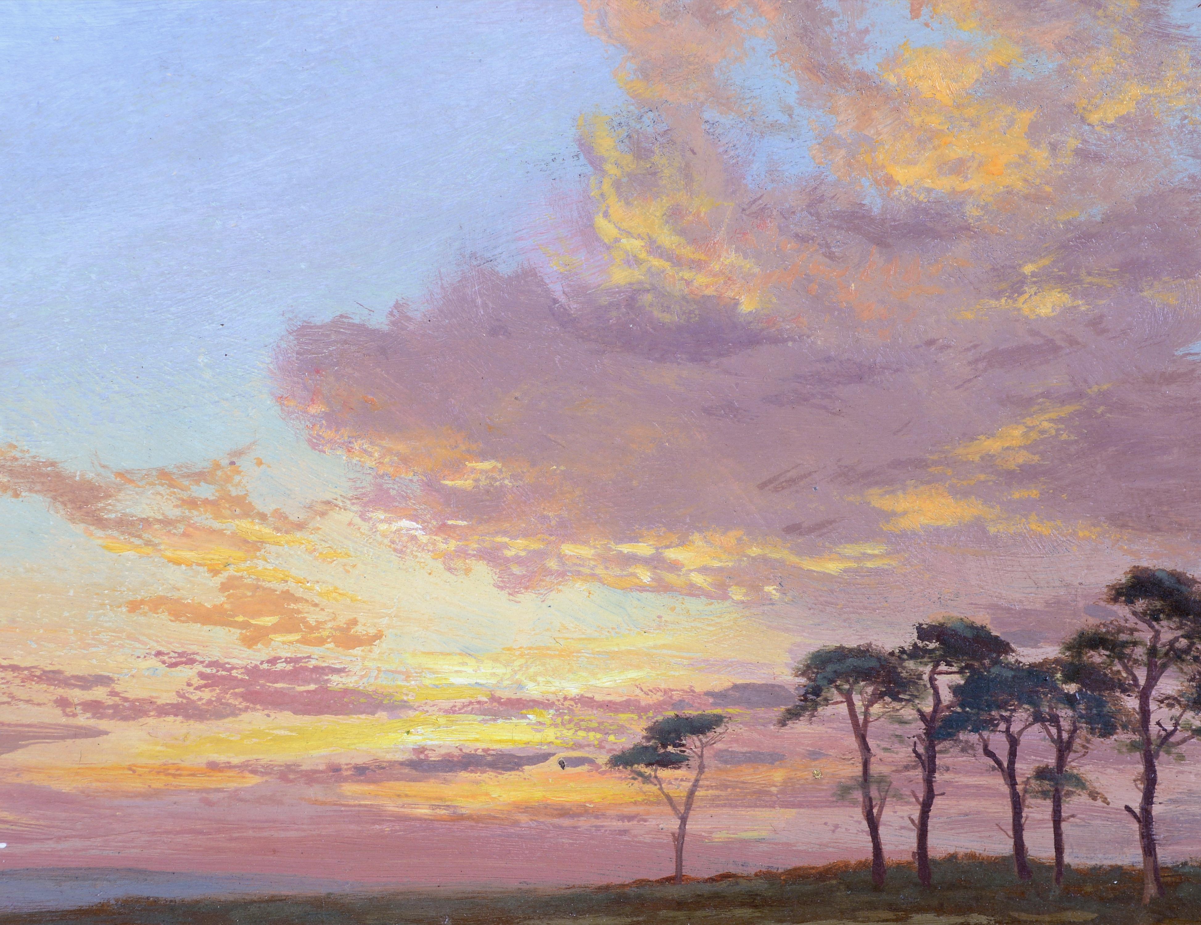 Paysage au coucher du soleil - Peinture à l'huile impressionniste anglaise ancienne du 19e siècle - Impressionnisme Painting par 19th Century English School