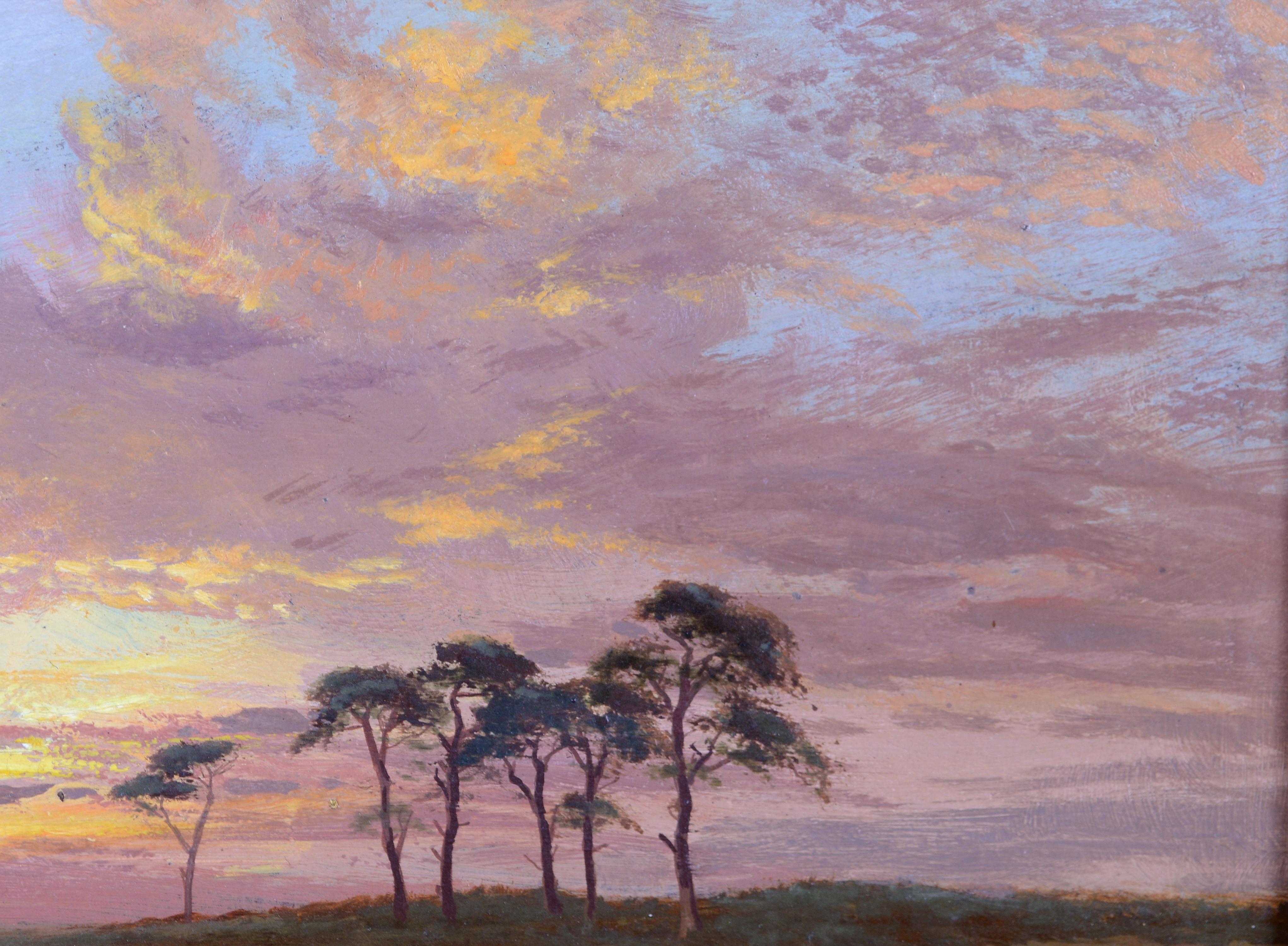Paysage au coucher du soleil - Peinture à l'huile impressionniste anglaise ancienne du 19e siècle - Gris Landscape Painting par 19th Century English School