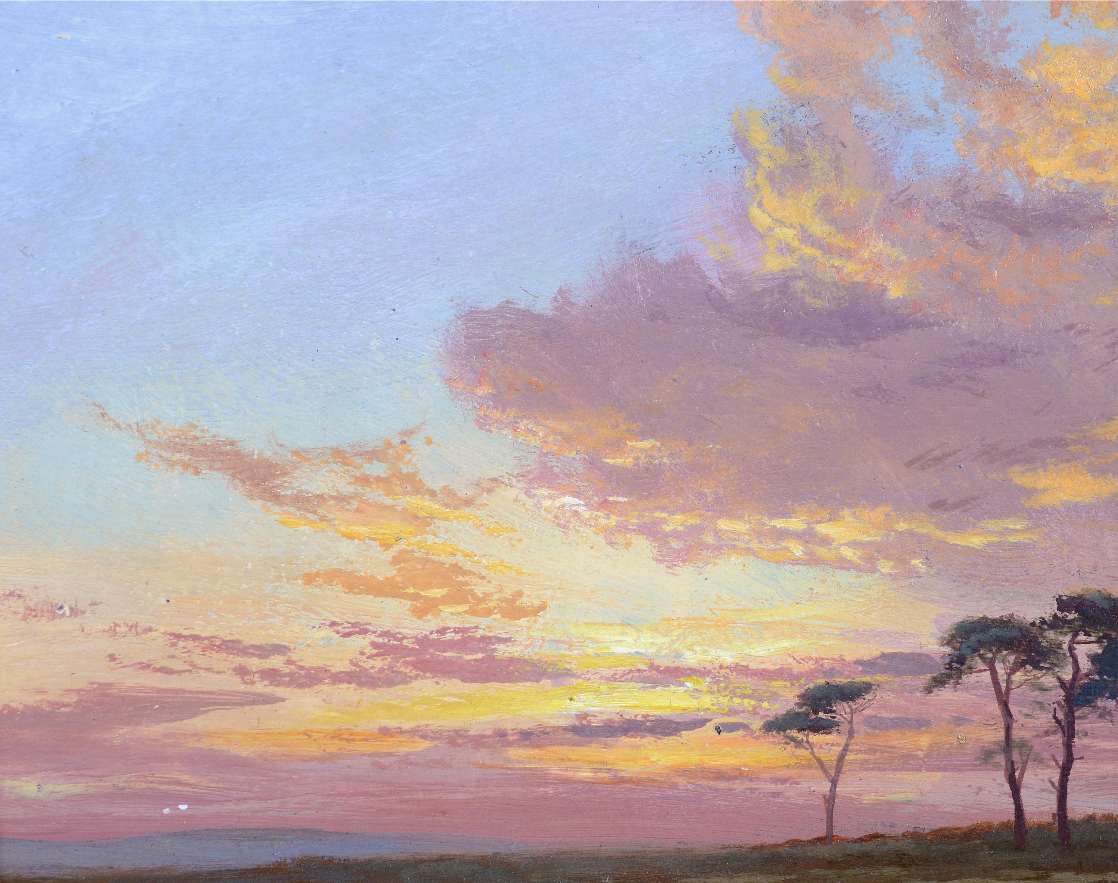 Magnifique huile sur carton impressionniste anglaise de la fin du XIXe siècle représentant un vaste paysage au coucher du soleil.

Un travail d'excellente qualité par un artiste accompli. Indistinctement signé en bas à droite et présenté dans un