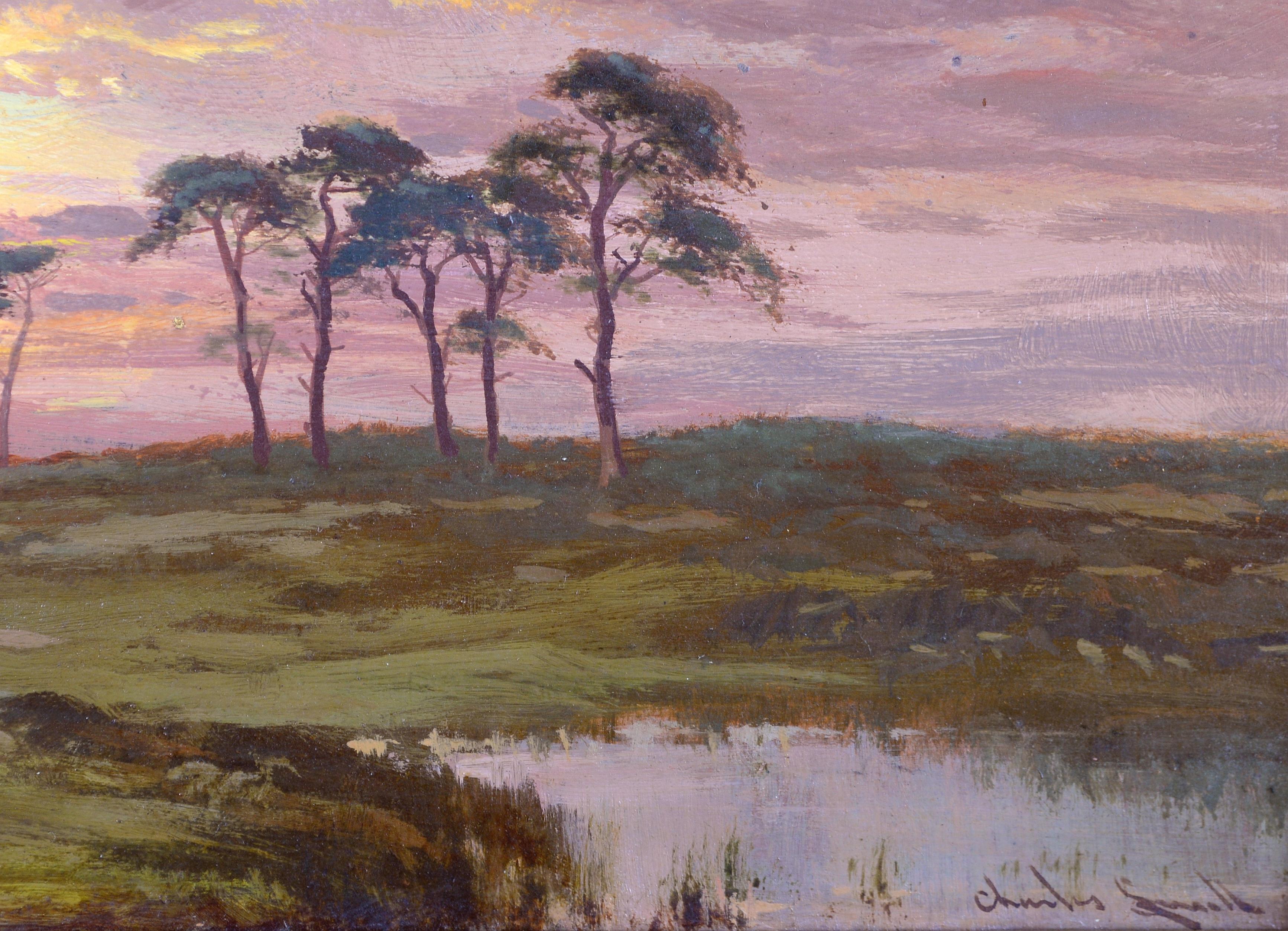 Paysage au coucher du soleil - Peinture à l'huile impressionniste anglaise ancienne du 19e siècle en vente 1