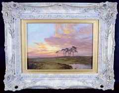 Paysage au coucher du soleil - Peinture à l'huile impressionniste anglaise ancienne du 19e siècle