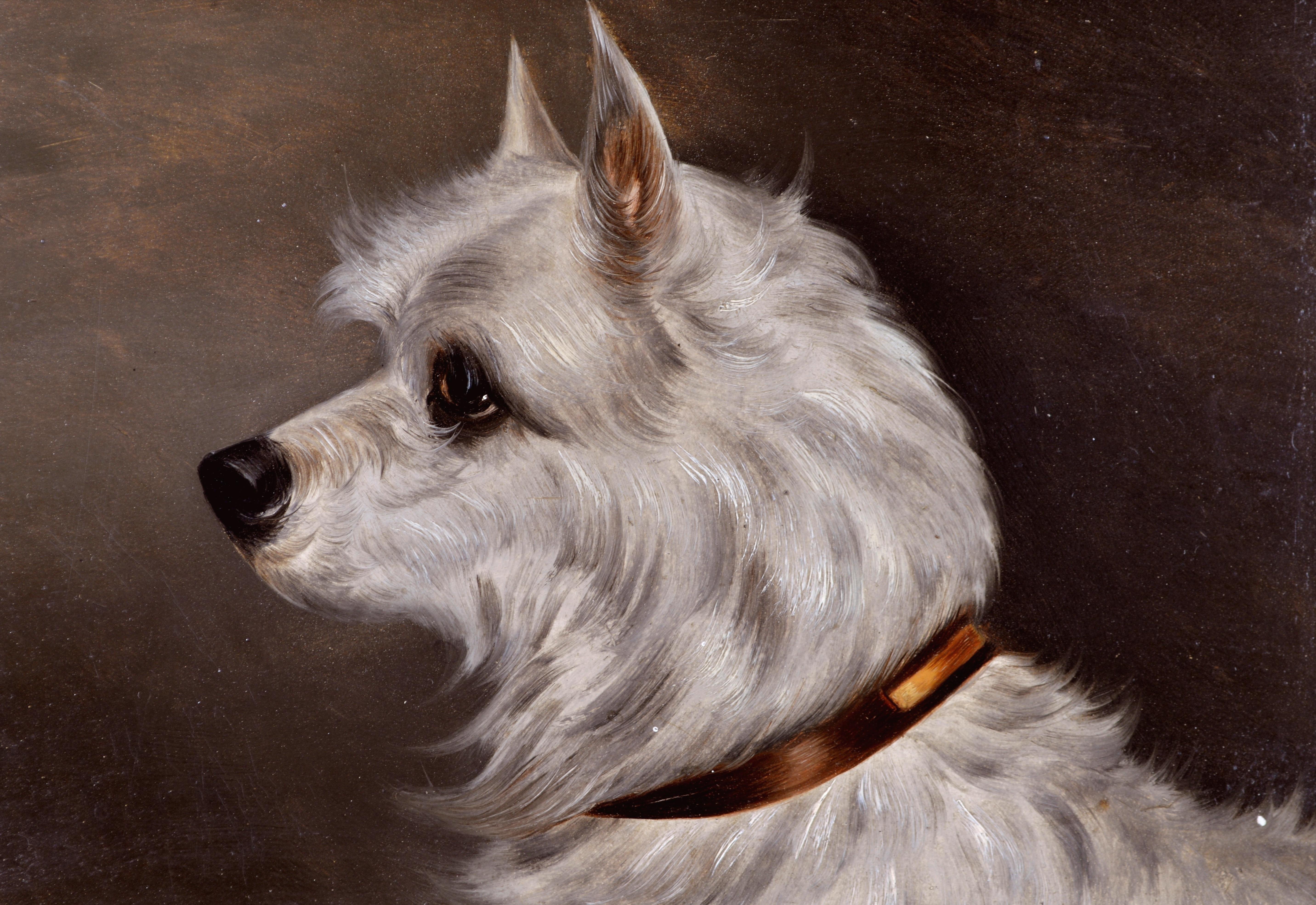 Retrato de Terrier - Pintura antigua inglesa al óleo sobre tabla del siglo XIX sobre perros - Painting de 19th Century English School