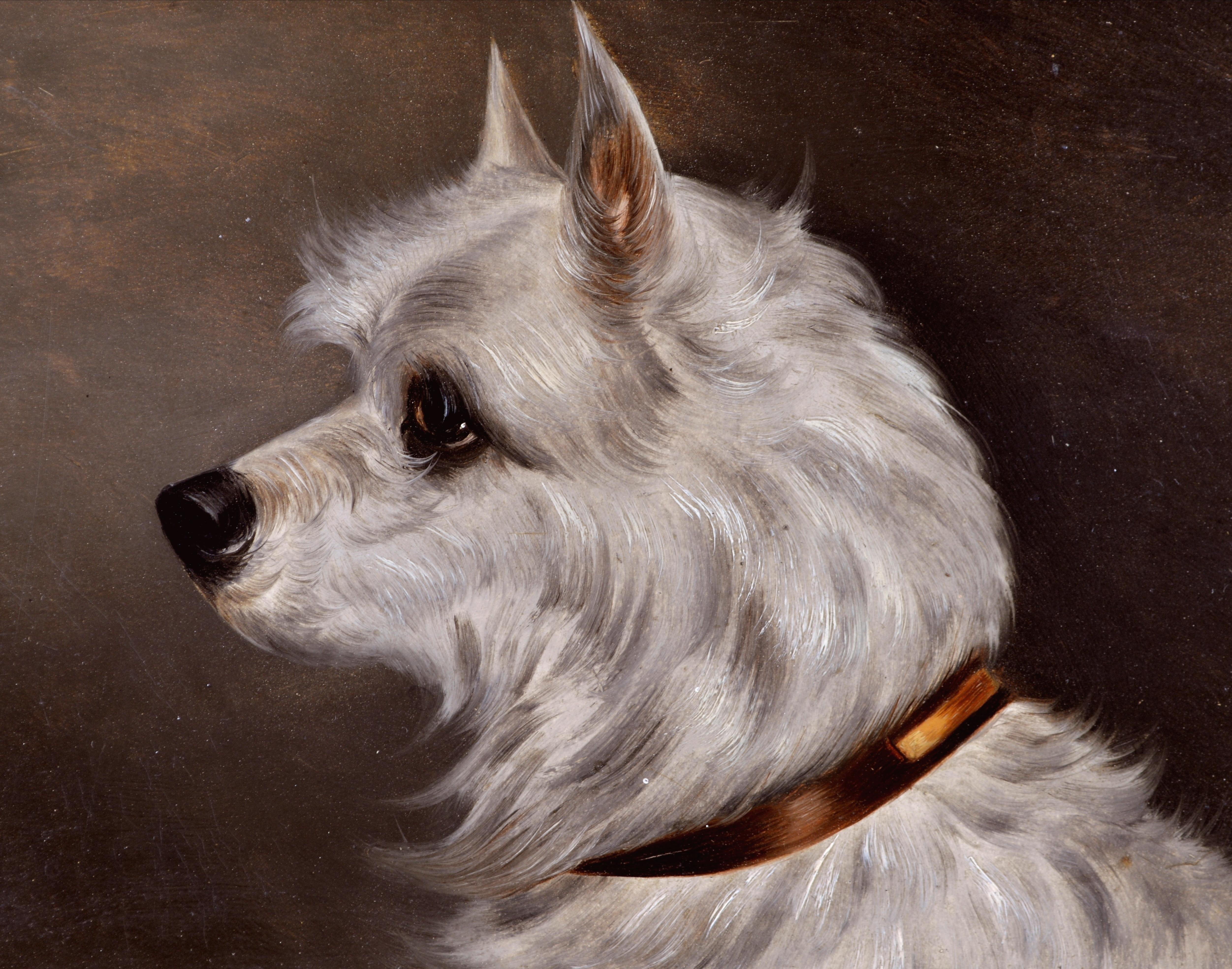 Retrato de Terrier - Pintura antigua inglesa al óleo sobre tabla del siglo XIX sobre perros - Animal Painting Marrón de 19th Century English School