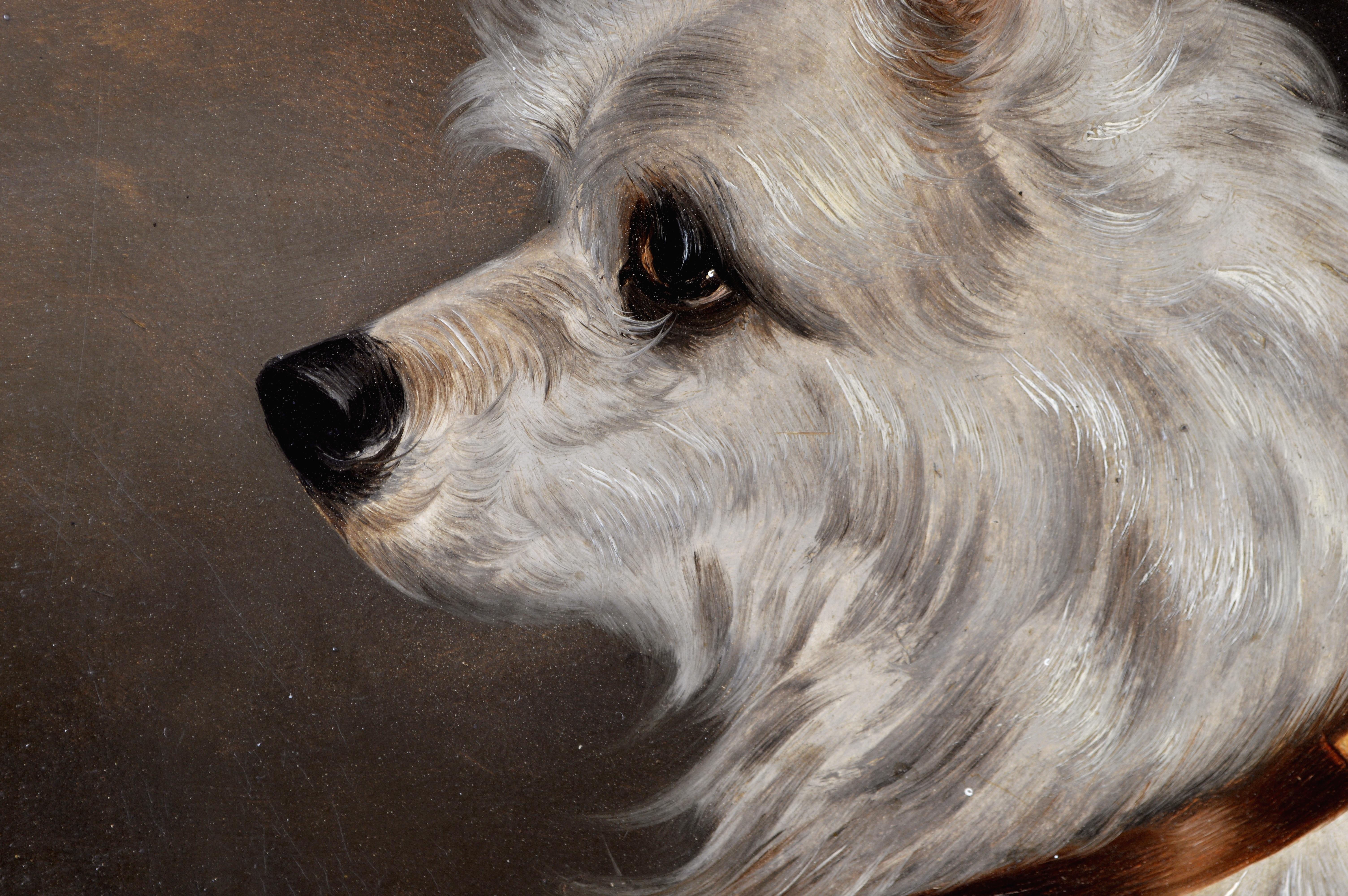Retrato de Terrier - Pintura antigua inglesa al óleo sobre tabla del siglo XIX sobre perros en venta 1