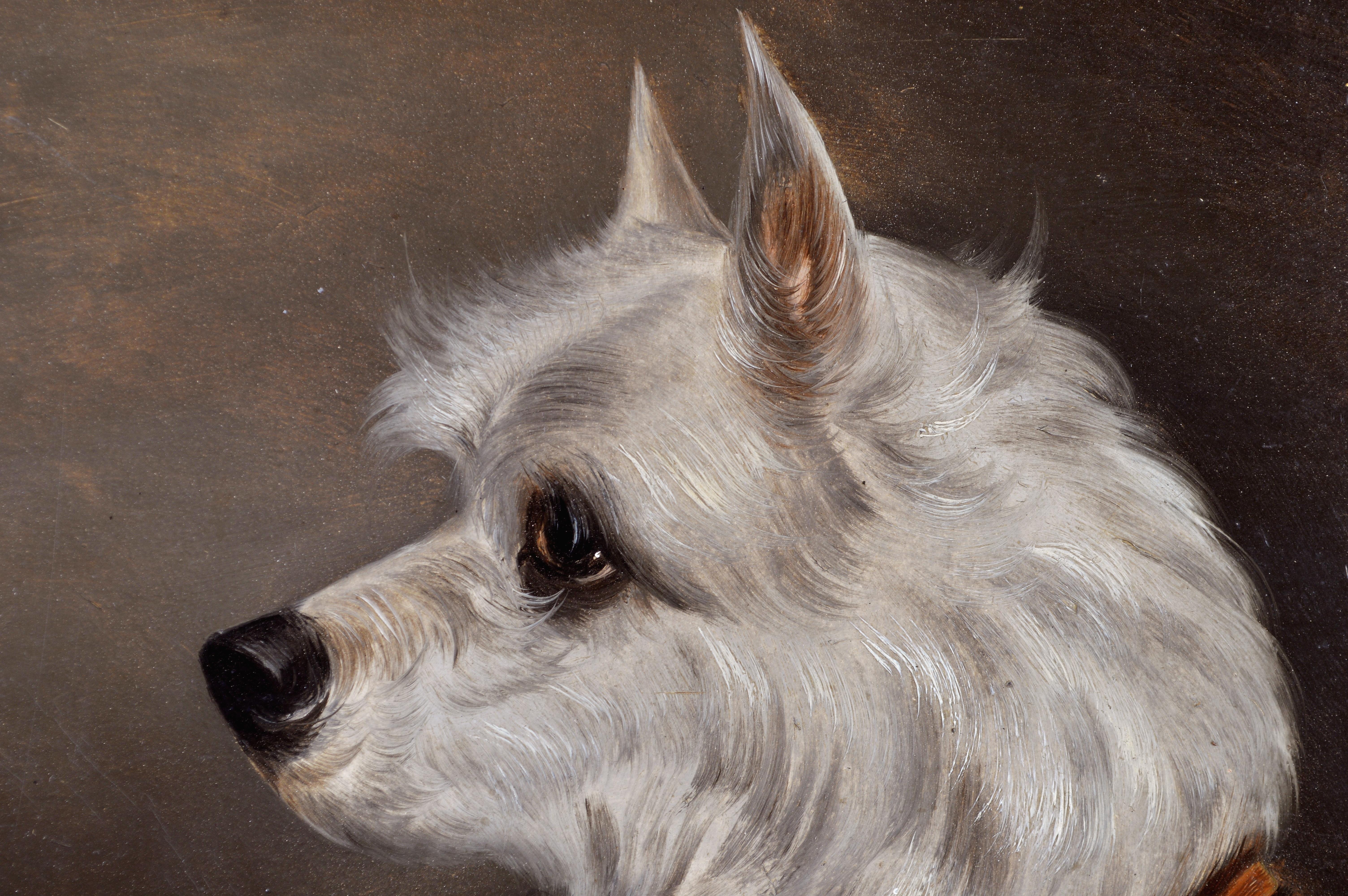 Retrato de Terrier - Pintura antigua inglesa al óleo sobre tabla del siglo XIX sobre perros en venta 2