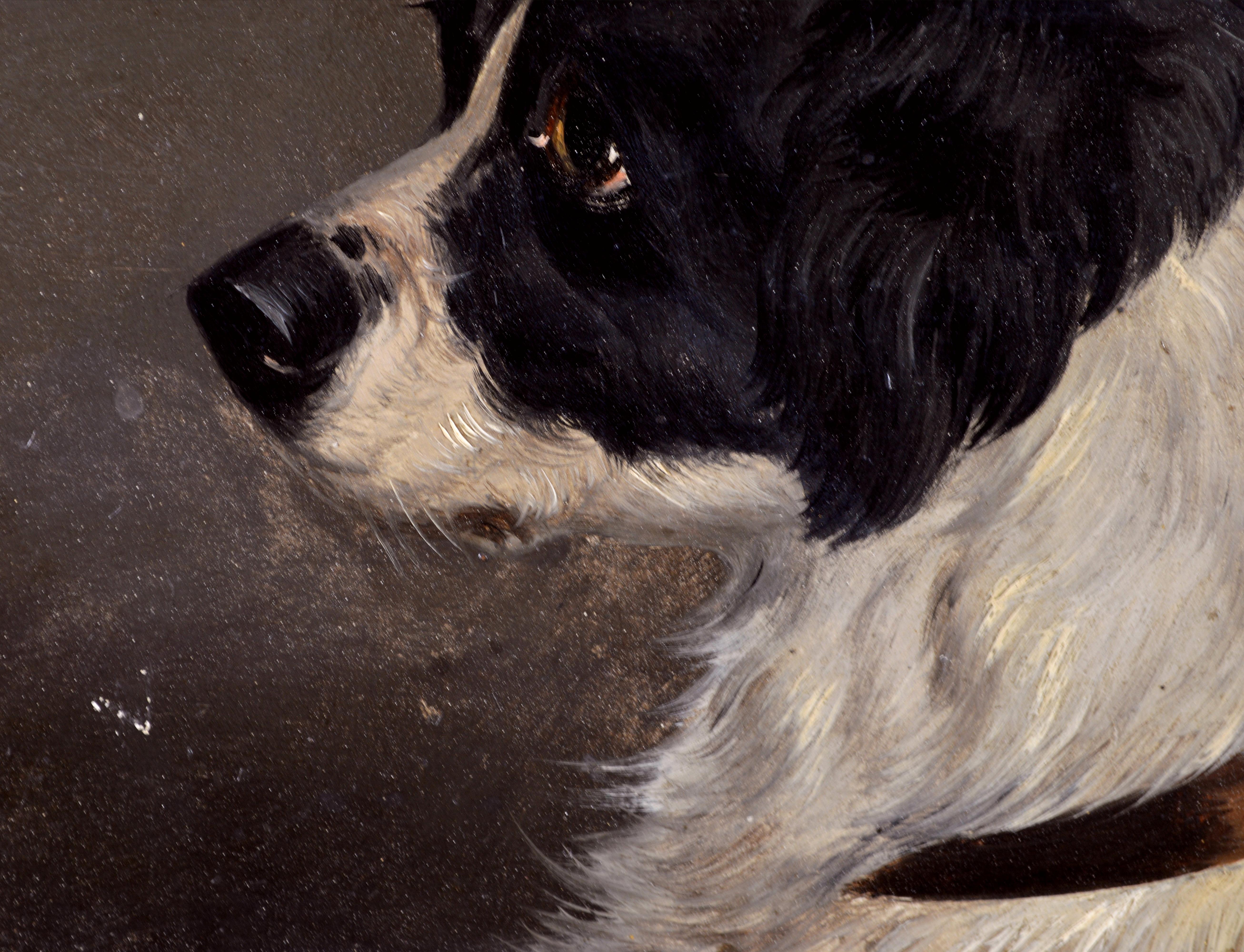 Retrato de Terrier - Pintura antigua inglesa al óleo sobre tabla del siglo XIX sobre perros en venta 2